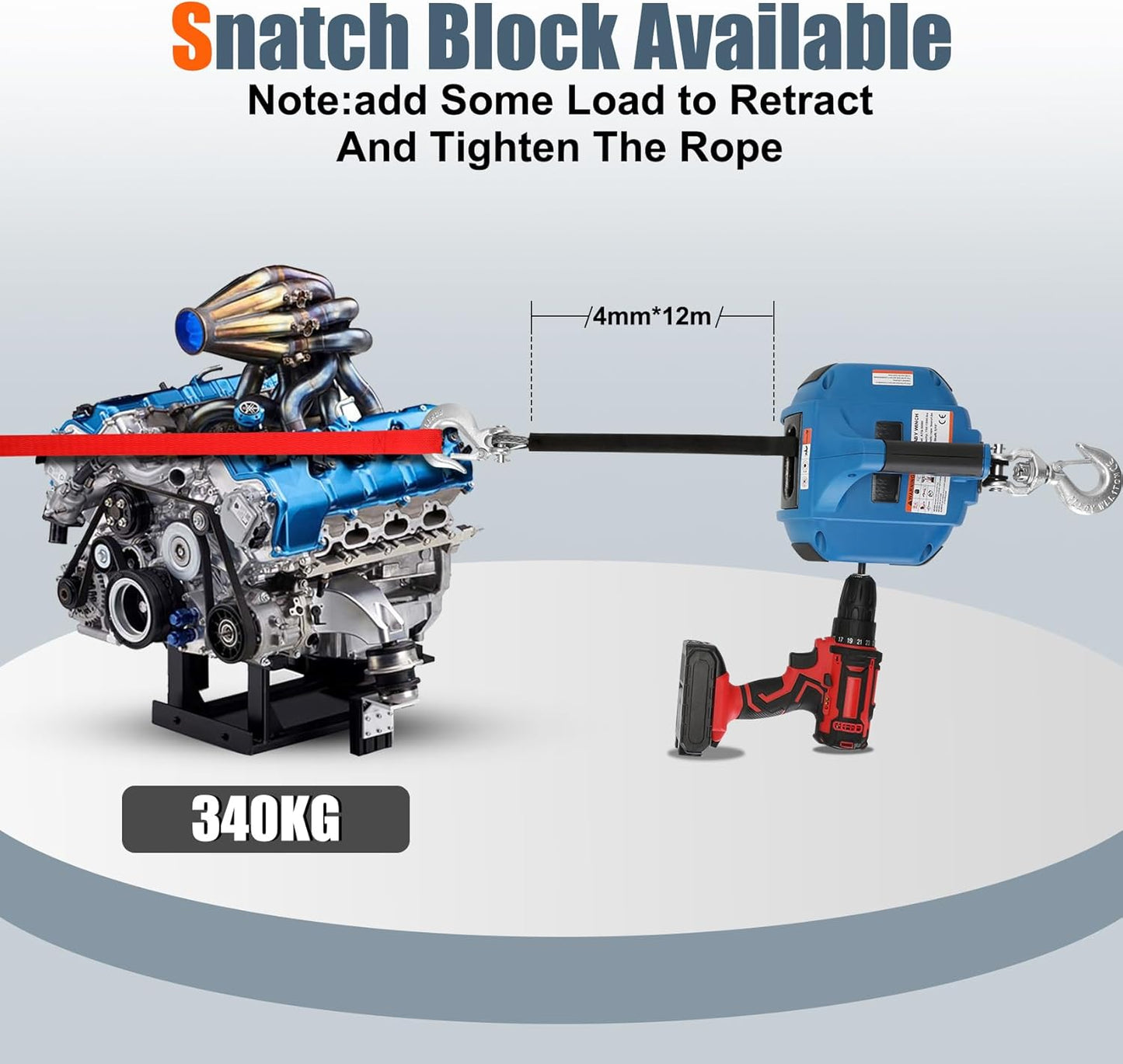 Portable Drill Winch of 1000 LB, Red Handheld Drill Winch with 40 Foot Synthetic Rope, Rotate The Hook 360 Degrees, for Lifting & Dragging (Blue)