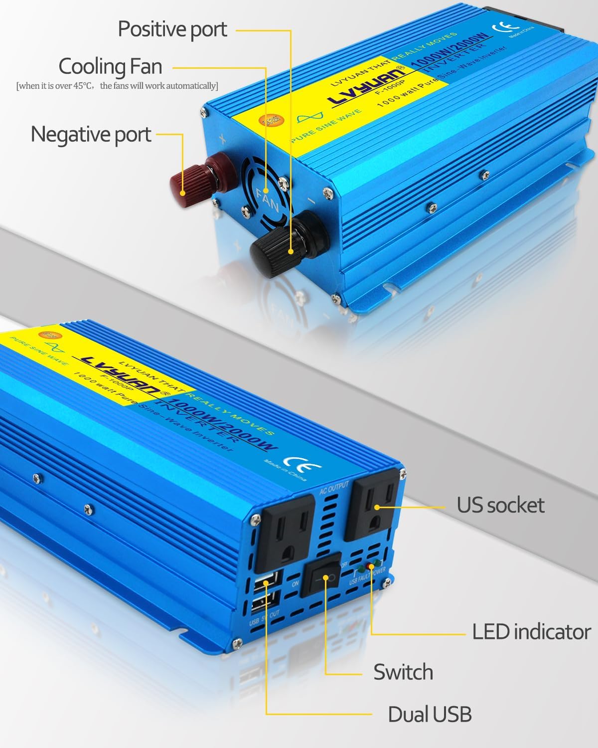 LVYUAN 1000 Watt Pure Sine Wave Inverter 12V to 110V 120V DC to AC with U.S. Outlet, USB Charger Ports, Car Power Inverter for Vehicles, RV, Outdoor, Home