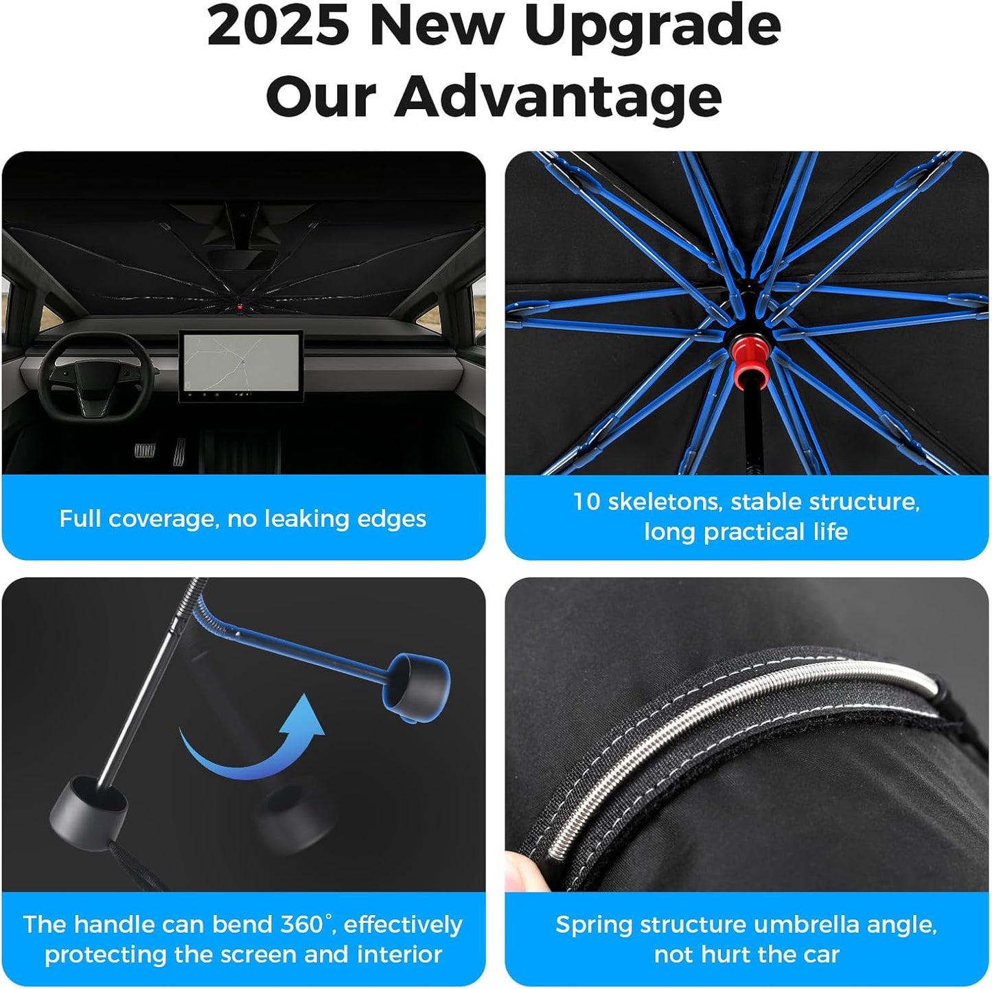 [2025 Upgrade] Cybertruck Windshield Sun Shade - Sunshade Umbrella for Tesla Cybertruck 2024 2025, Thickened Titanium Silver UV Block Coating, Front Window Heat Insulation Protection, 54''x 60''x 61''