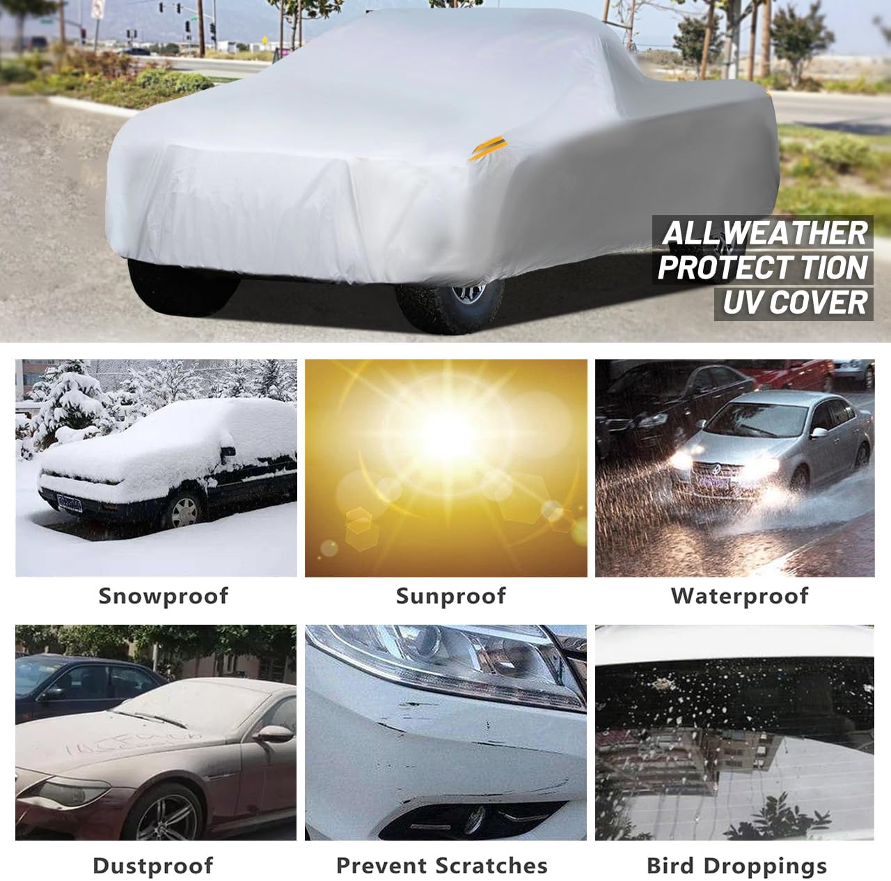 MORNYRAY Waterproof Car Cover All Weather Snowproof UV Protection Windproof Outdoor Full Truck Cover, Universal Fit for (Fit Truck Length 242-250 inch,All Silvery)