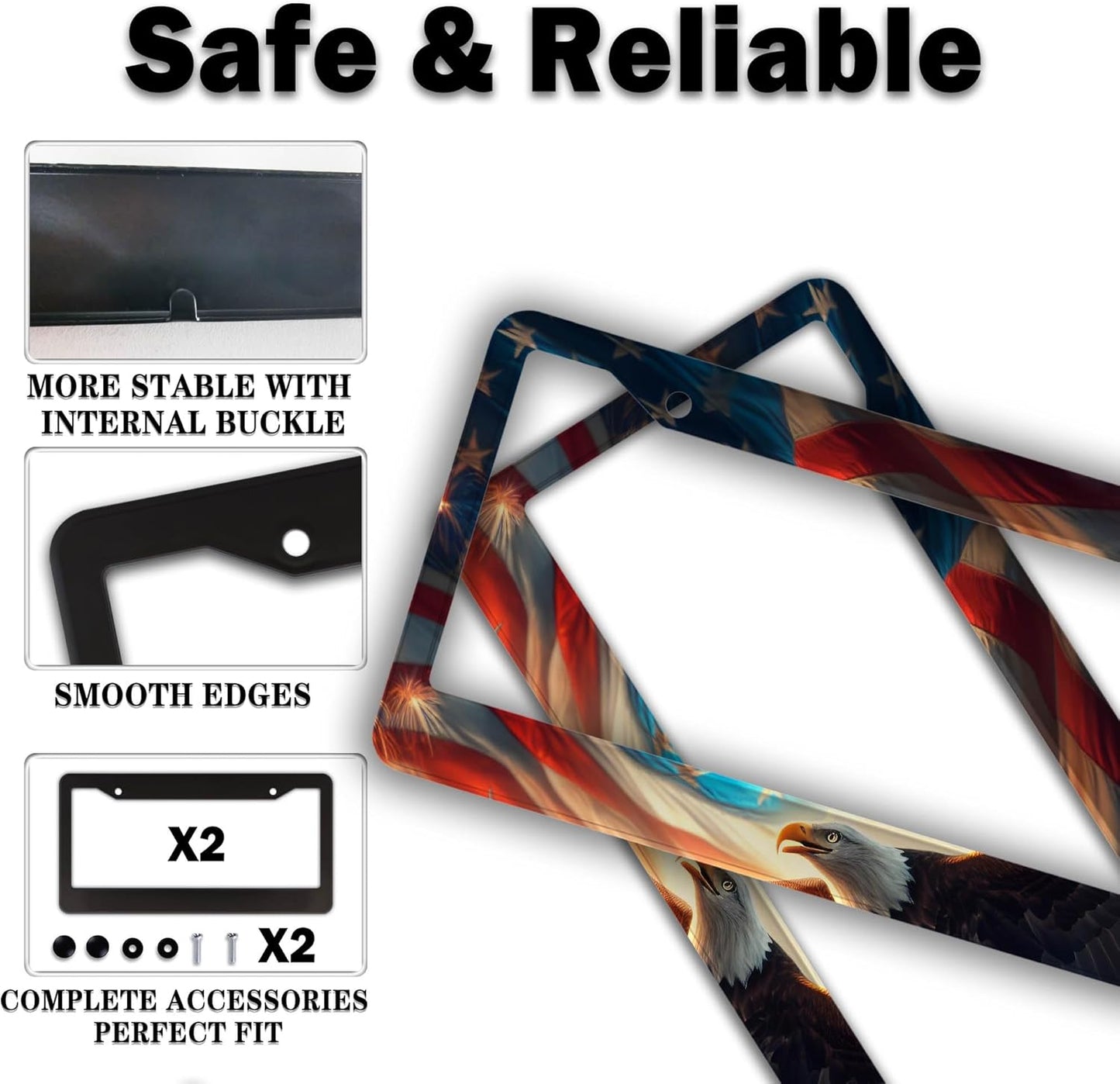 Automotive Exterior Accessories Multicolor License Plate Frames American Flag Eagle Aluminum Metal Car Accessory 2 Pack with Screw Covers Set