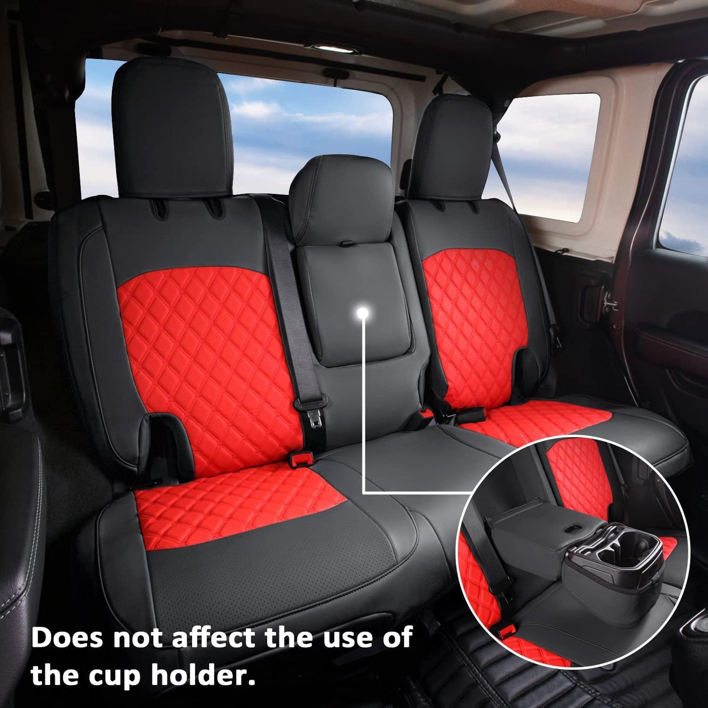 GIANT PANDA Fit Full Set Car Seat Covers for Jeep Wrangler 4 Door JL Sahara Altitude Rubicon 392 Unlimited 2018 2019 2020 2021 2022 2023 2024 2025 with Rear Cup Holder,Faux Leather - (Black+Red)