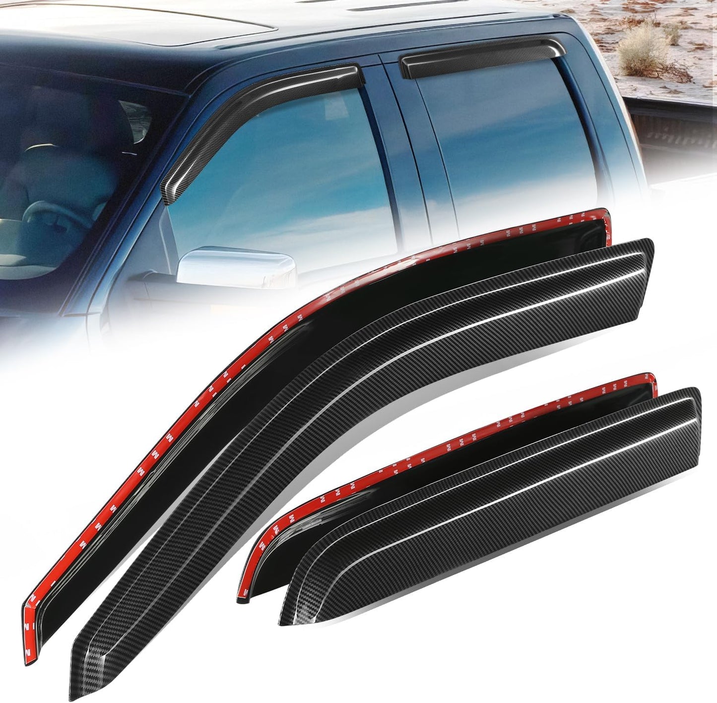 Auto Dynasty 4Pcs Carbon Fiber Pattern Window Visors Compatible with 2009-2014 Ford F150 Crew Cab, Tape-On Front & Rear Window Deflectors Rain Guards Sun Wind Air Side Vent Shade, Glossy Black