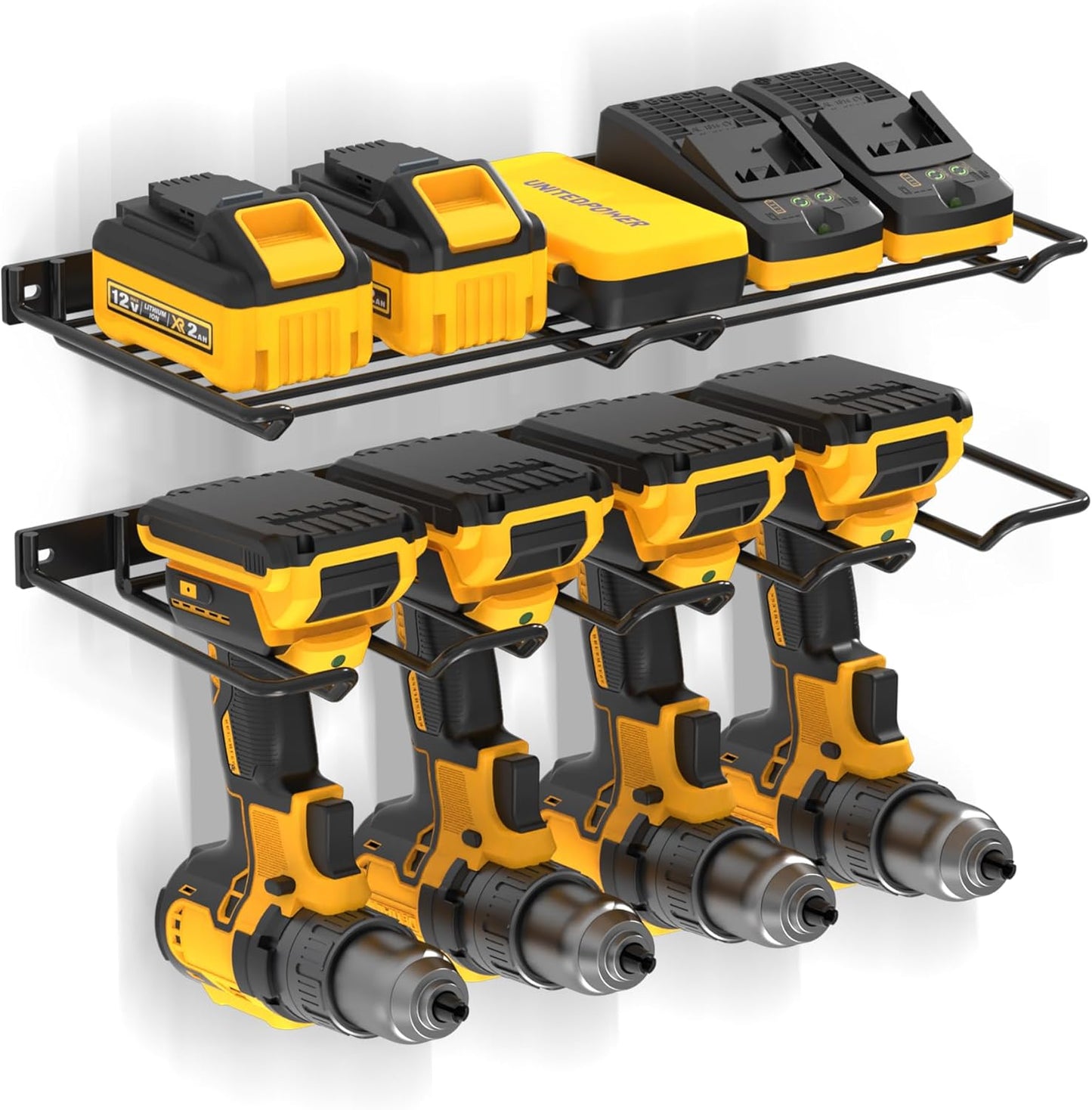 UNITEDPOWER Wall Mounted Drill Rack & Tool Shelf, Power Tool Organizer Holder, Heavy Duty Utility Storage Rack for Cordless, Battery Powered Hand Tools, Workshop, Shed, Garage
