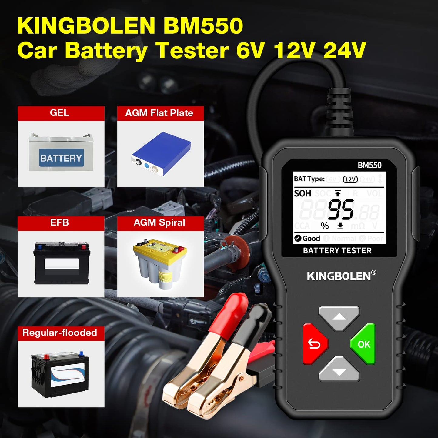 KINGBOLEN BM550 6V 12V 24V Car Battery Tester, 100-2000 CCA Voltage Tester 2Ah-220Ah Internal Resistance Tester Accurate Digital Auto Battery Analyzer for Cars Trucks SUV ATV Boats Motorcycles Vehicle