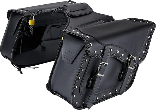 Dream Apparel Naked Cowhide Leather Motorcycle Saddle Bags Studded Throw Over Saddlebags, Motorcycle Side Bags for Honda Shadow Sportster Softail Dyna V-star (Black, With Studs)