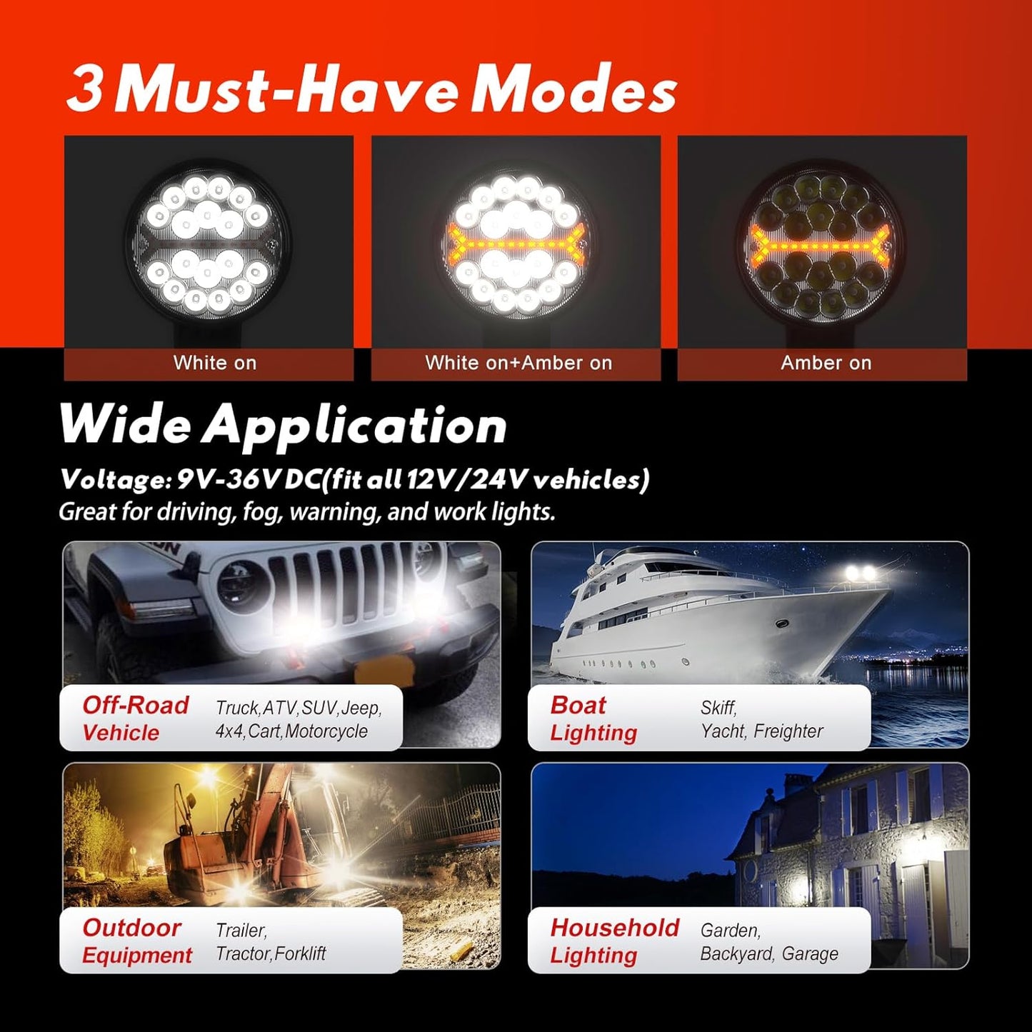 Firehawk LED Light Pods Bar 4 Inch 30000LM 60W Round Spot Flood Amber White Driving Offroad Fog Work Backup Bumper for Truck Jeep ATV UTV SUV Tractor Motorcycle 4x4 Cart Trailer Boat Waterproof 2PCS