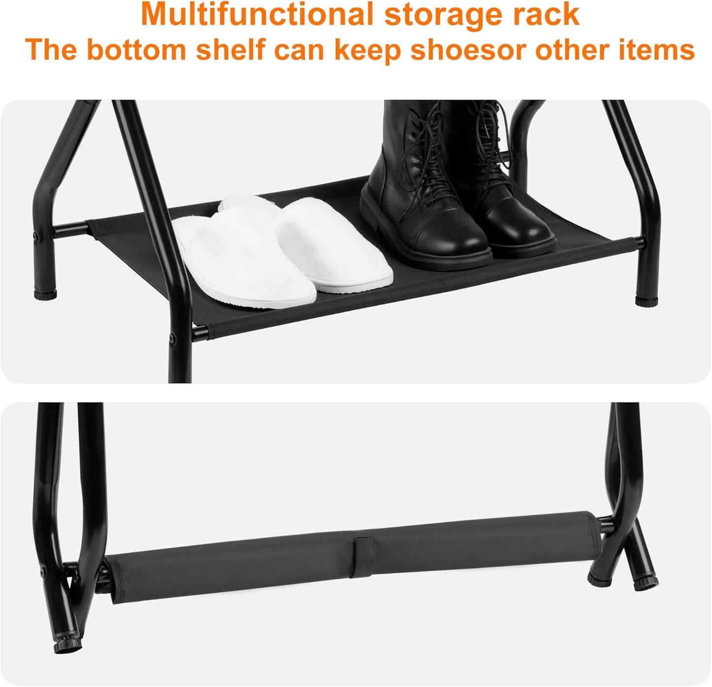 Heybly Luggage Rack, Steel Folding Suitcase Stand with Storage Shelf for Bedroom, Hotel, Foldable Steel Frame, Guest Room Bedroom Hotel, 22.8" L x 11.8" W x 20.9" H, Black HLR004B1