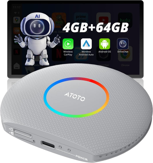 CB6 CarPlay AI Box & Android AI Box, Wireless CarPlay/AndroidAuto Adapter, Plug & Play CarWave Car Smart Box with AI DriveChat, GPS Track, Android 13, 2 BT, 4G LTE, 4G+64G, Silver