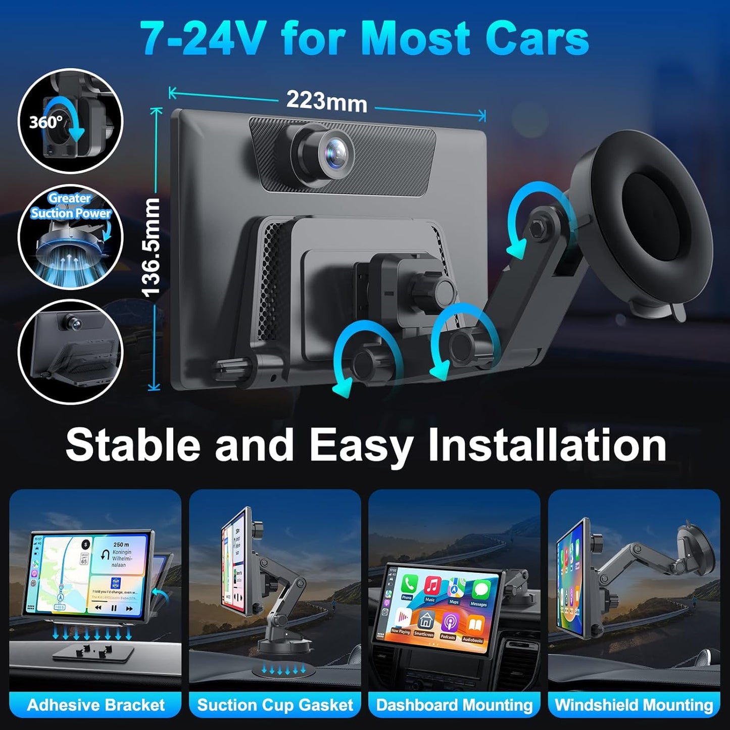 Wireless Portable Carplay Screen with 4K Dash Cam, Android Auto, 9'' Auto-Dimming Screen with Strongest Suction Mount, GPS Navigation for Car, 1080P Backup Camera, Loop Recording