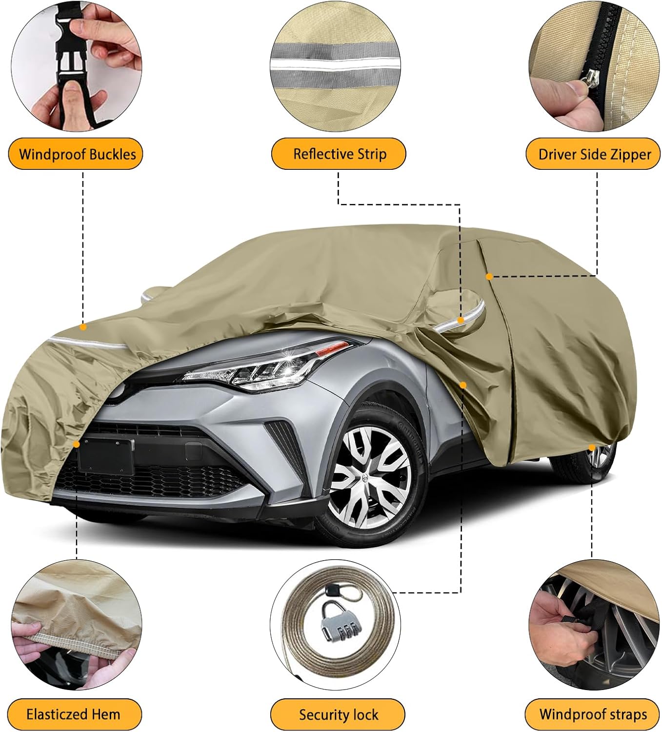 Waterproof Car Covers Replace for 2018-2025 Toyota C-HR, Multilayer Heavy Duty with Cotton Liner All Weather Car Cover with Zipper Door, Windproof Bands for Snow Rain Dust Protection