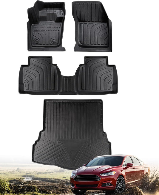 for 2016-2013 Ford Fusion Floor Mats Cargo Liner S SE Titanium Rubber Trunk Carpet All Season Weather Protection Waterproof Anti-Slip Tech Automotive 2015 2014 Car Accessories Black Not for Hybrid