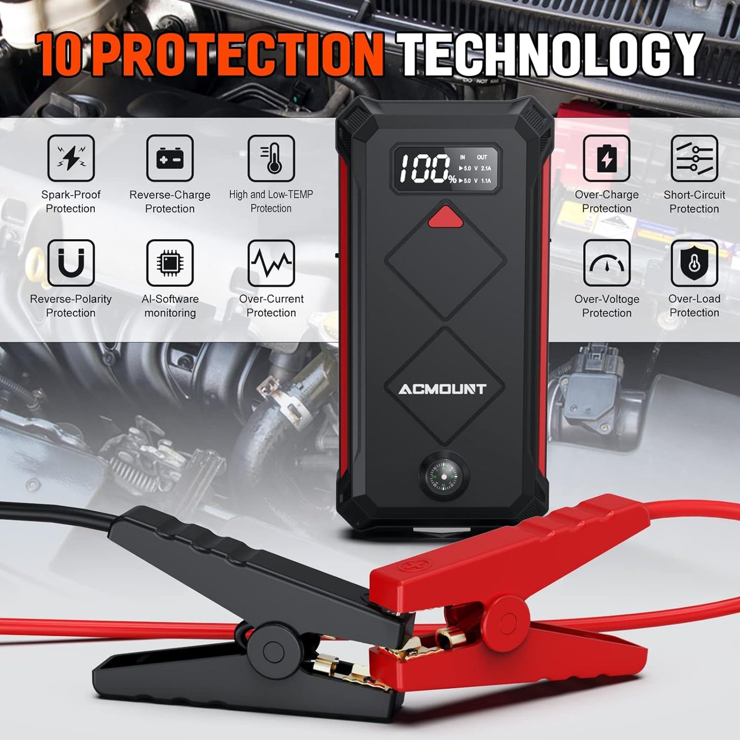 P100 Car Jump Starter, 5000A Peak Lithium Jump Starter Battery Pack for Up to 10.0L Gas or 8.0L Diesel Engine, Safe 12V Portable Battery Starter Power Pack with LED Screen & LED Light