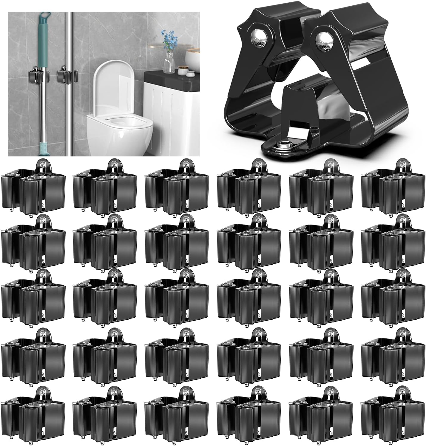 3-H Stainless Steel Broom Holder Wall Mount 30-Pack- Heavy Duty Mop Organizer, Wall Mounted Broom Storage with Secure Mounting for Kitchen Laundry Garage Bathroom (Space Saving)