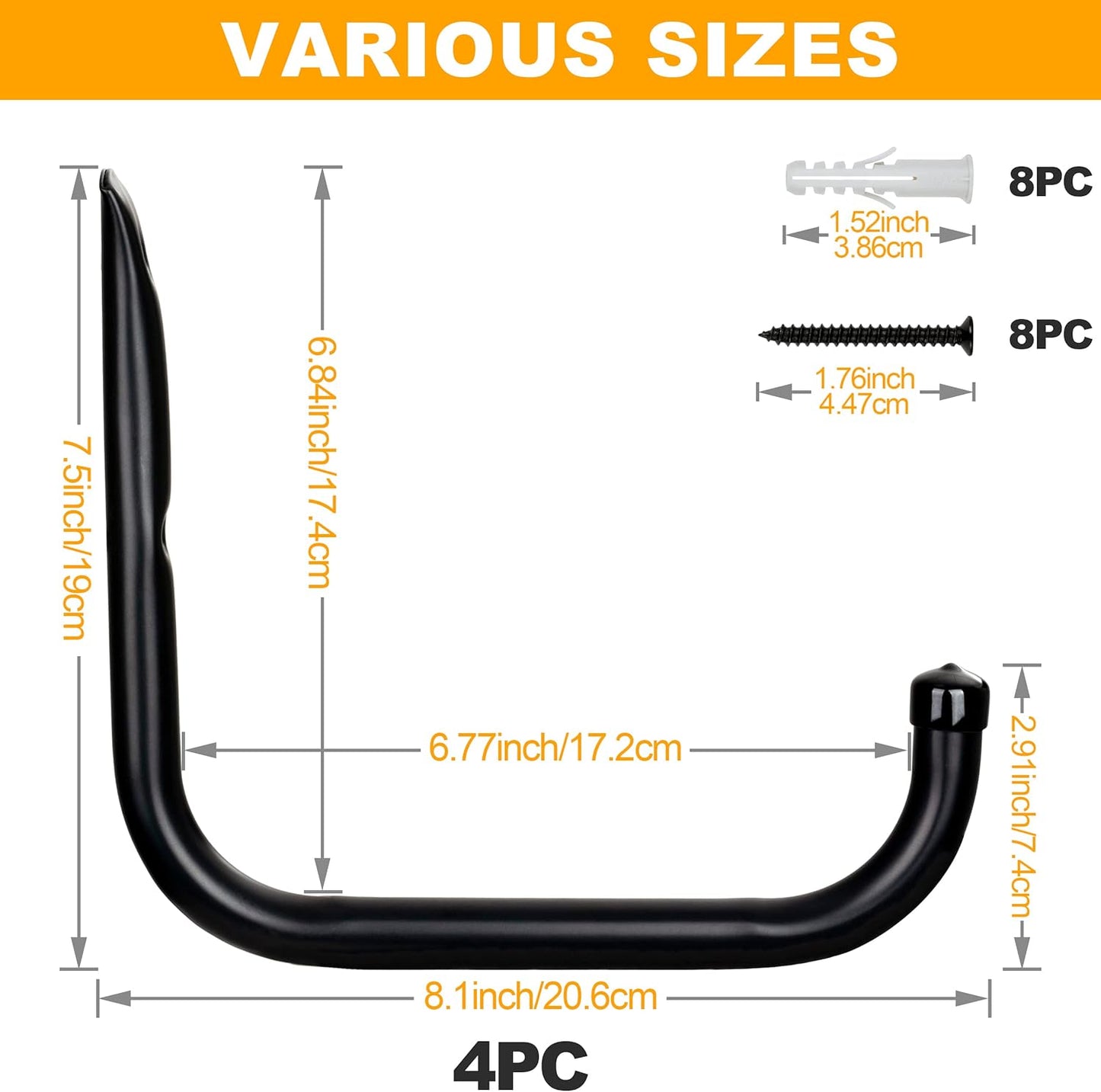 KURUI Wall Hooks for Garage Garden, 4 Pack Water Hose Holder, Large Garage Storage Hanger for Ladder Bike Extension Cord Tool, Wall Mount l Hooks, Black Heavy Duty 8 inch Long Hook