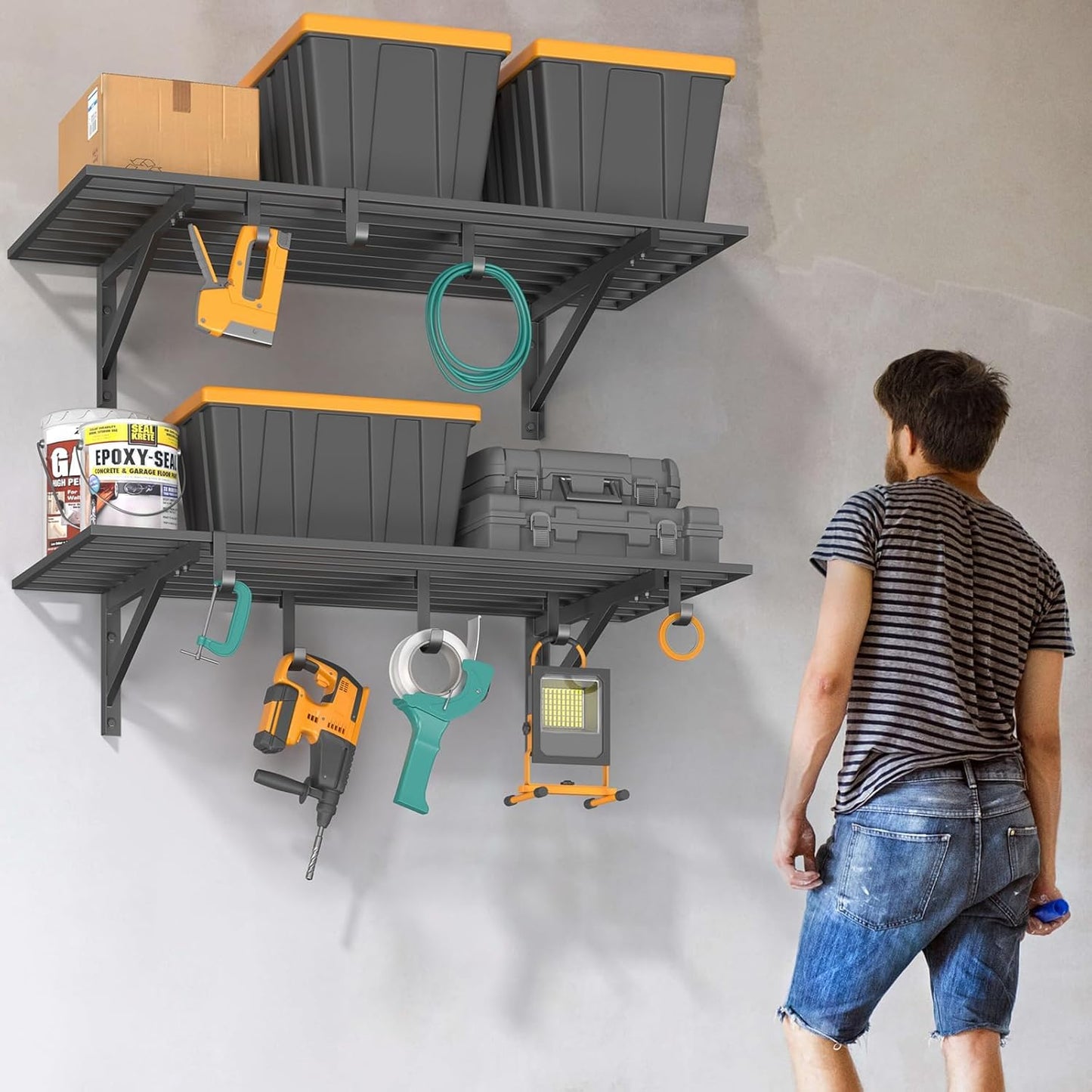 2x4ft Heavy Duty Garage Shelving, 2' x 4' Garage Wall Shelving Wall Mounted, 200LB Capacity Storage Rack with Hooks (1pack-2x4ft)