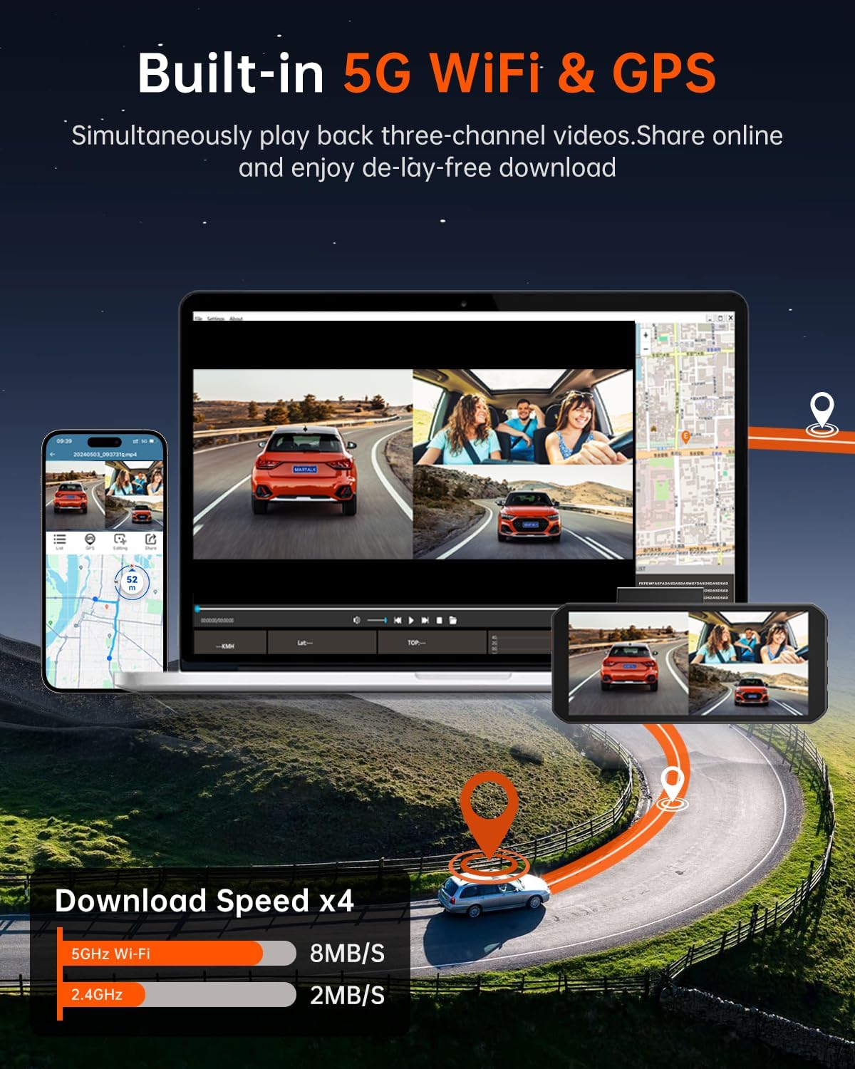 R39 Dash Cam Front and Rear,Dash Cam 3 Channel 5K with Built-in GPS & 5G WiFi.UHD 4K+1K+1K Triple Car Camera, 3.99" IPS Touch Screen, 64GB Card, Front, 24/7 Parking Monitoring for Dash Camera