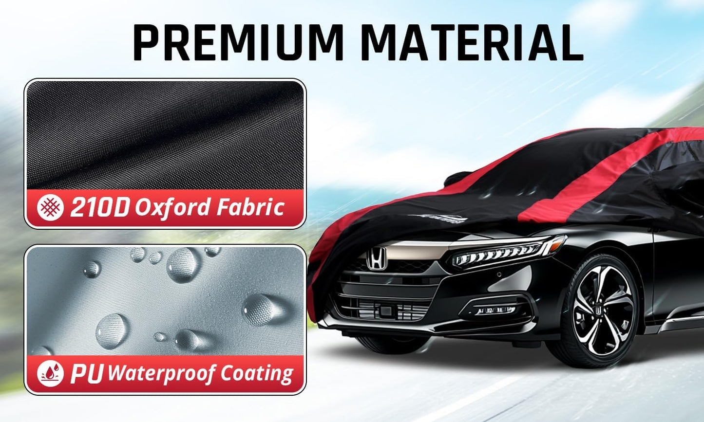Honda Accord Car Cover Waterproof All Weather with Red Strip Design, Custom Fit for Honda Accord 1998–2025, Accord Accessory with Door Zipper & Windproof Straps