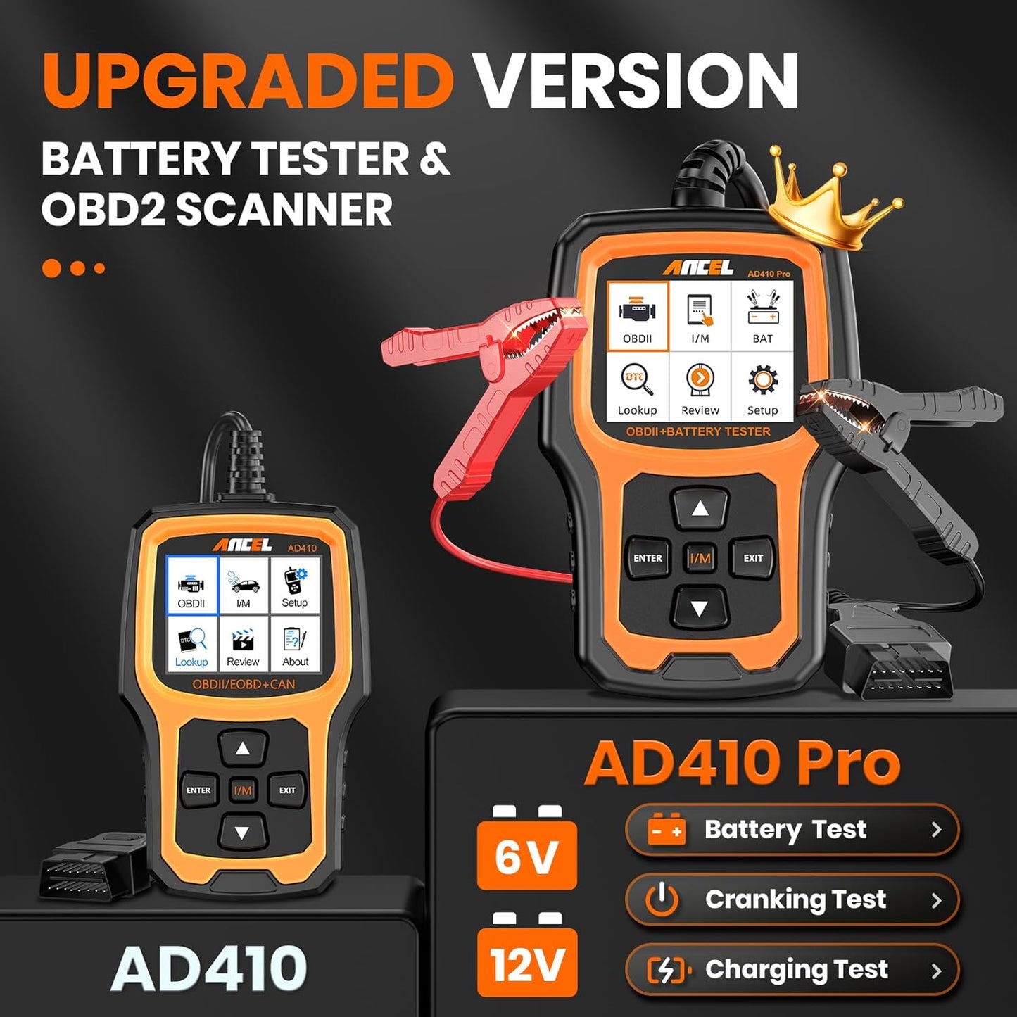 ANCEL AD410 PRO OBD2 Scanner and Battery Tester,2-in-1 Car Diagnostic Tool,Check Engine Light,EVAP Test,Live Data,6V/12V Battery Analyzer with Cranking & Charging System Test for Car Motorcycle