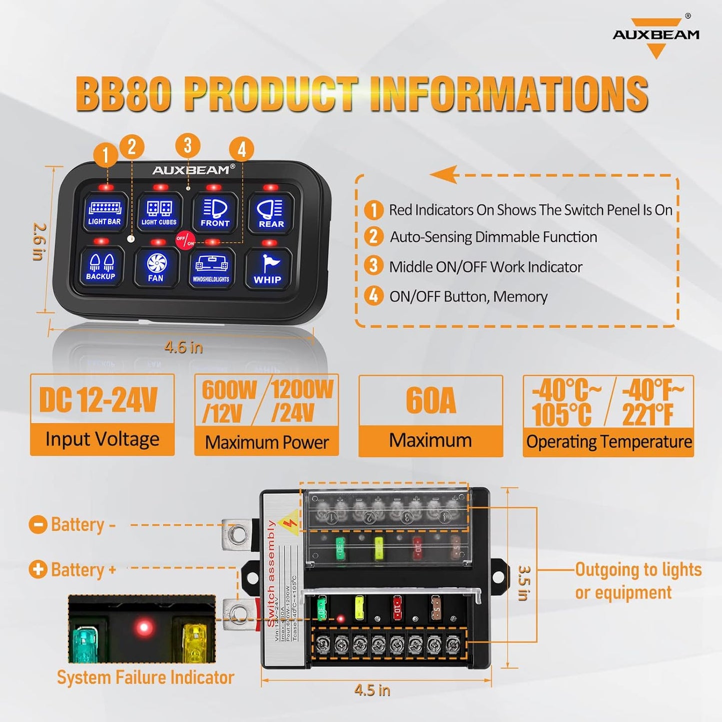 Auxbeam 8 Gang Switch Panel BB80, Universal Circuit Control Relay System Box with Automatic Dimmable On-Off LED Switch Pod Touch Switch Box for Car Pickup Truck Boat ATV UTV, Blue 2 Years Warranty