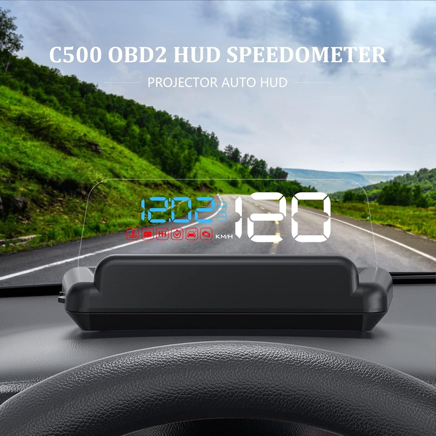 Heads up Display for Cars, C500 Car Digital GPS Speedometer, Stereo Projecting Display with Reflector, Speed, RPM, Water Temperature, Over Speed Alarm Remind, Fatigue Driving Reminder (C500)