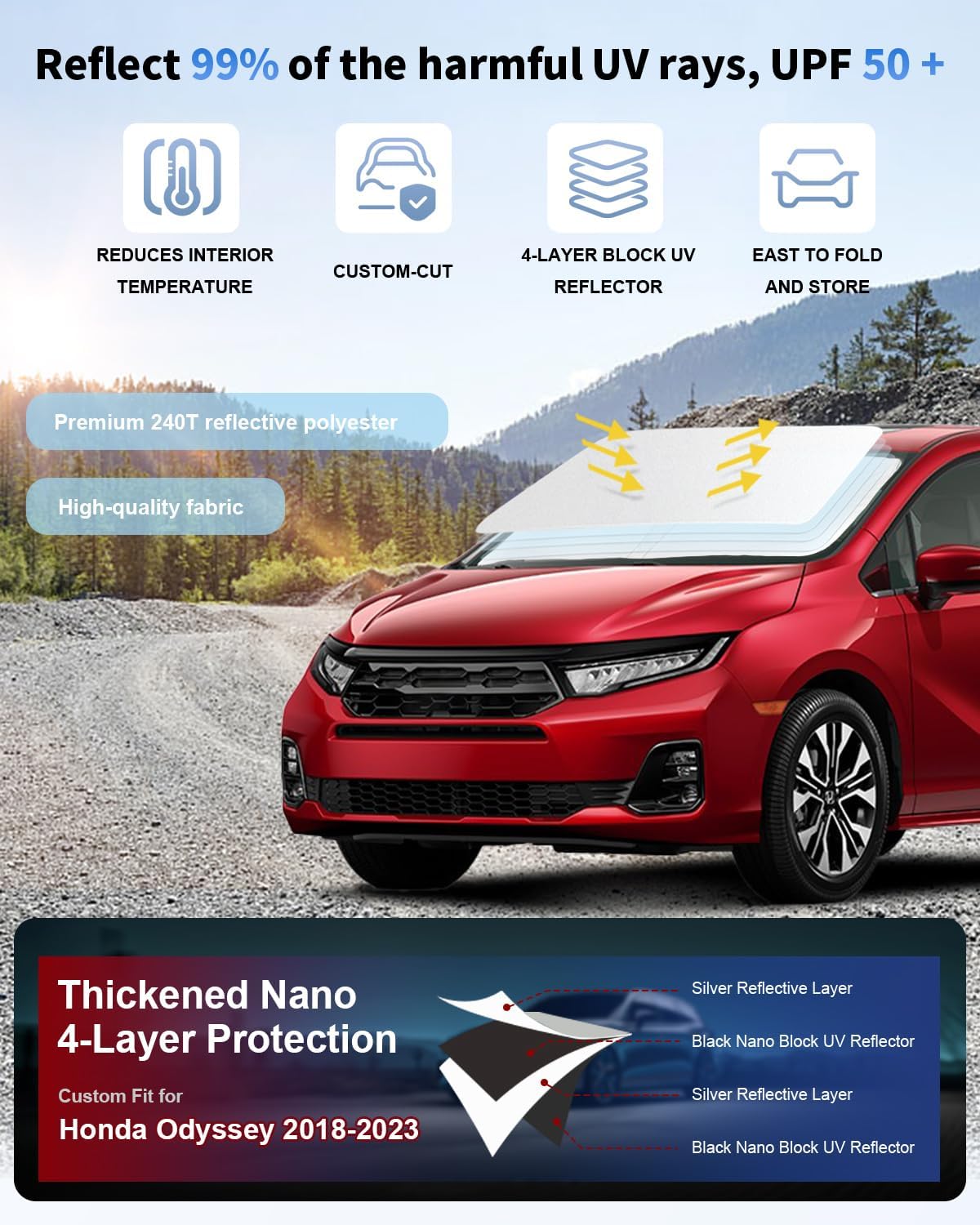 for Odyssey Windshield Sun Shade for 2018-2023 2024 2025 2026 Honda Odyssey LX,EX,EX-L,Touring, Elite Minivan Accessories-Double Layer Foldable Front Window Sunshade, Sun Visor Protector Block UV Ray