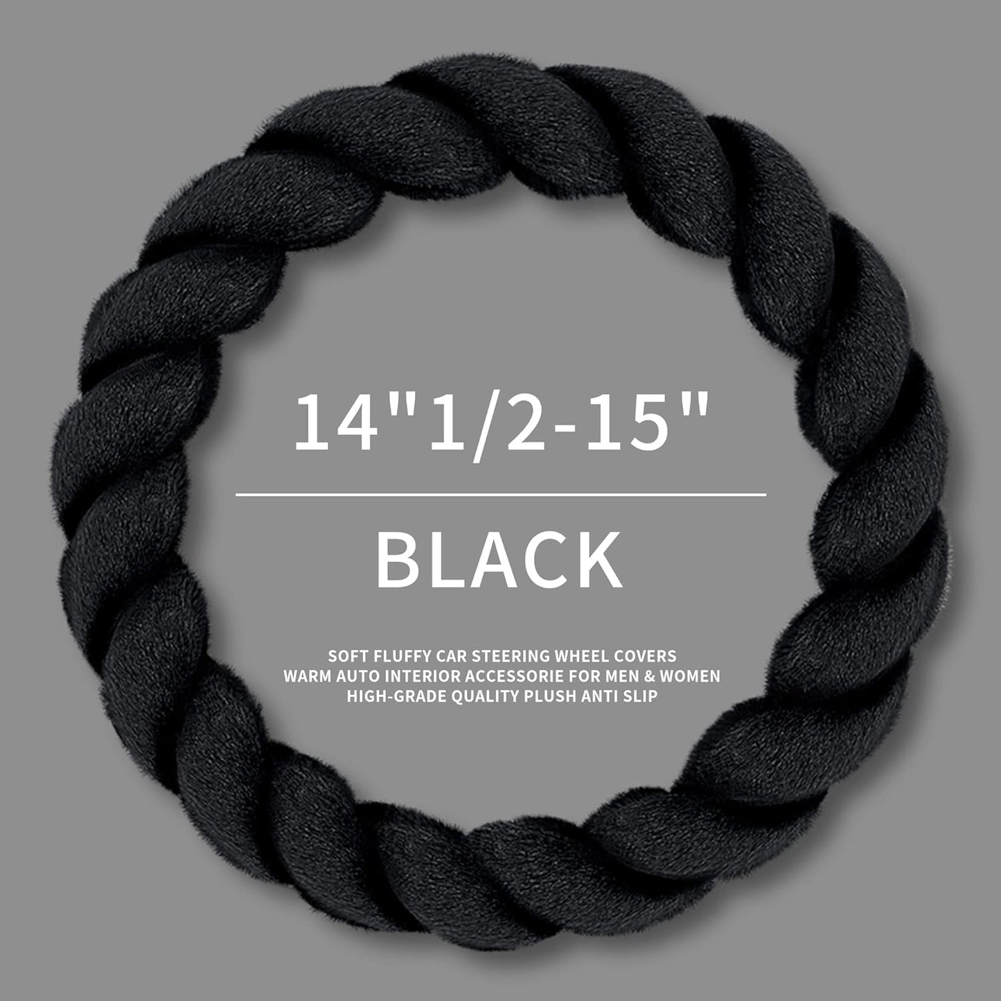 Luxury Fluffy Winter Car Steering Wheel Cover for Women Soft Warm Plush Cute Auto Accessories for Vehicle, Sedan, Universal, Fuzzy, Anti Slip, Black, Standard Size, 14.75-15.15"