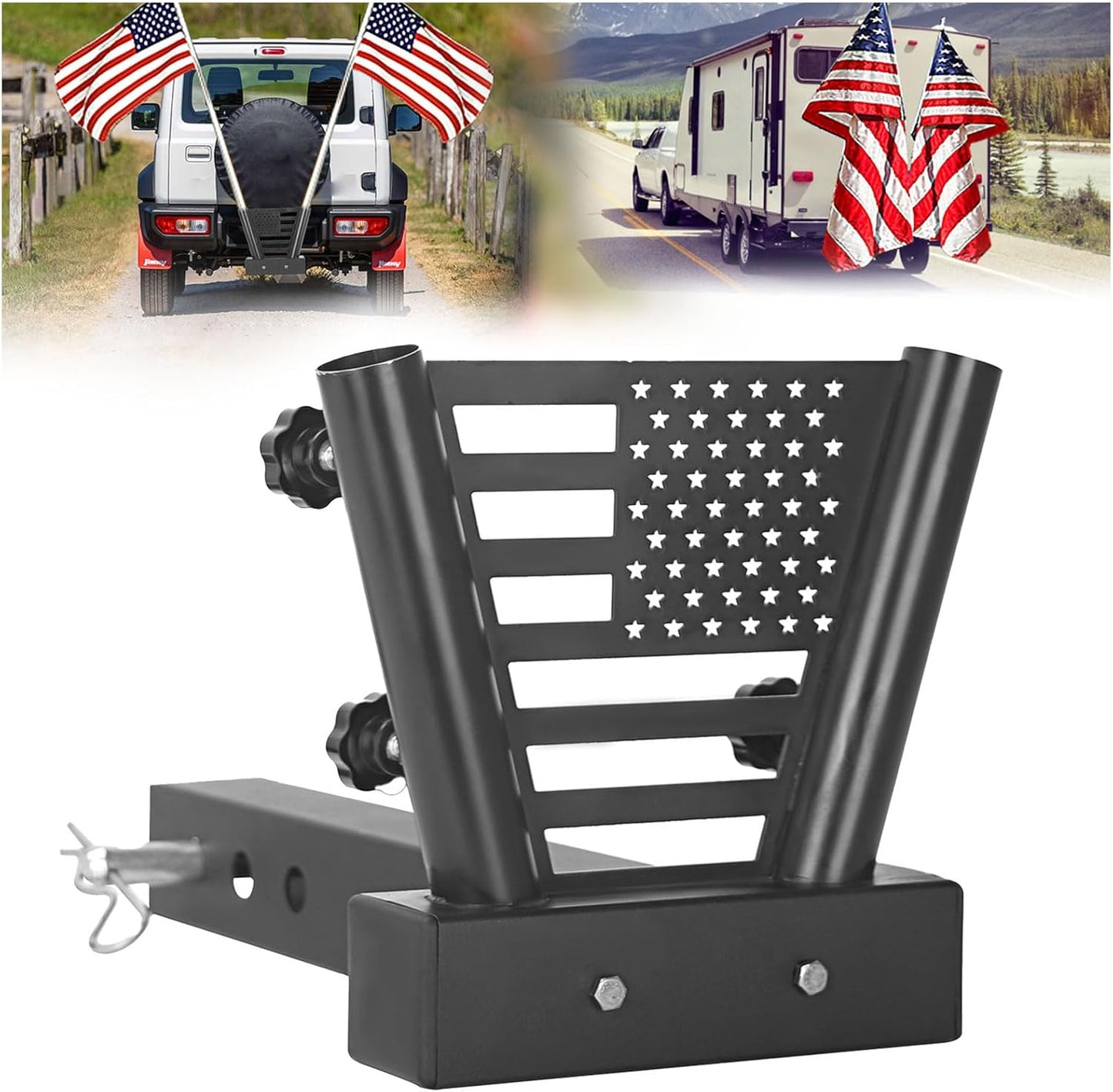Heavy Duty Dual Hitch Flag Pole Holder for Fits 2" Trailer Receiver, Truck Hitch Flag Pole, Universal Flag Pole Mount Compatible with Car, Truck, SUV, Pickup, Camper & Trailer