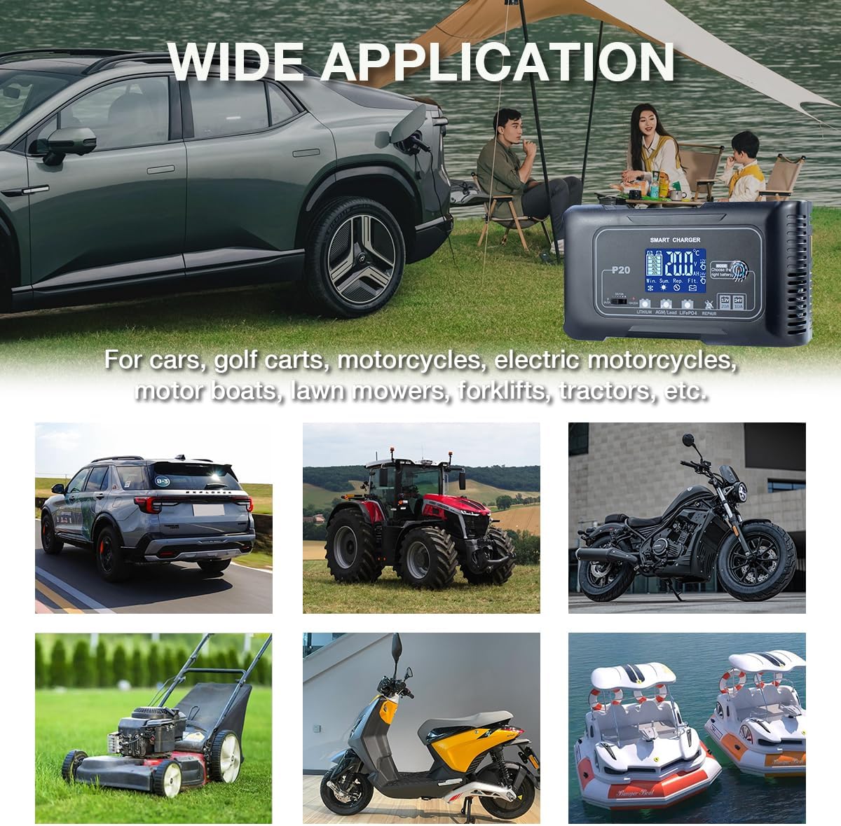 20A Smart Battery Charger 12V/24V, Automatic Charger & Maintainer for Lithium, LiFePO4, and Lead-Acid (AGM/Gel/SLA) Batteries, Trickle Charging for Cars, Boats, Motorcycles