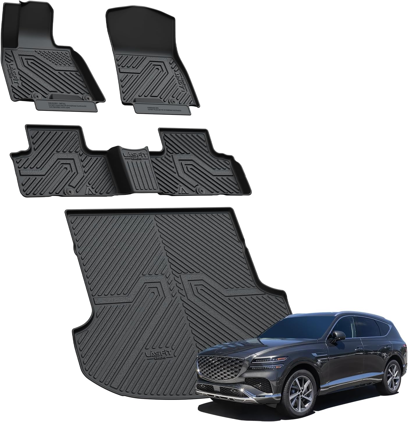 LASFIT Floor Mats & Cargo Mat for Genesis GV80 2021-2024(Fit 5 Seats), TPE All Weather Protection Custom Fit 1st & 2nd Row Rubber Floor Liners for GV80 Automotive Accessories, Black, Easy to Clean