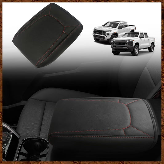 Muslogy Center Console Armrest Cover Compatible with Chevy Colorado/GMC Canyon 2023 2024 2025 ZR2 Z71 Trail Boss LT WT Elevation AT4 Denali AT4X Accessories Regular Thick(Red Stitching)