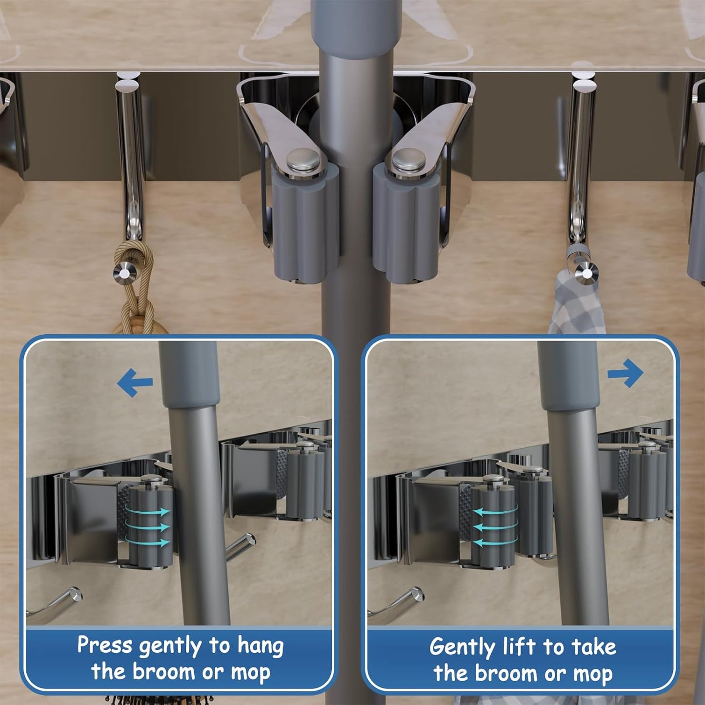 Wall Mounted Broom and Mop Organizer, Heavy Duty Stainless Steel Storage Rack for Brooms, Mops, Tools Space Saving Home Garage Organization (4 Racks with 5 Hooks)