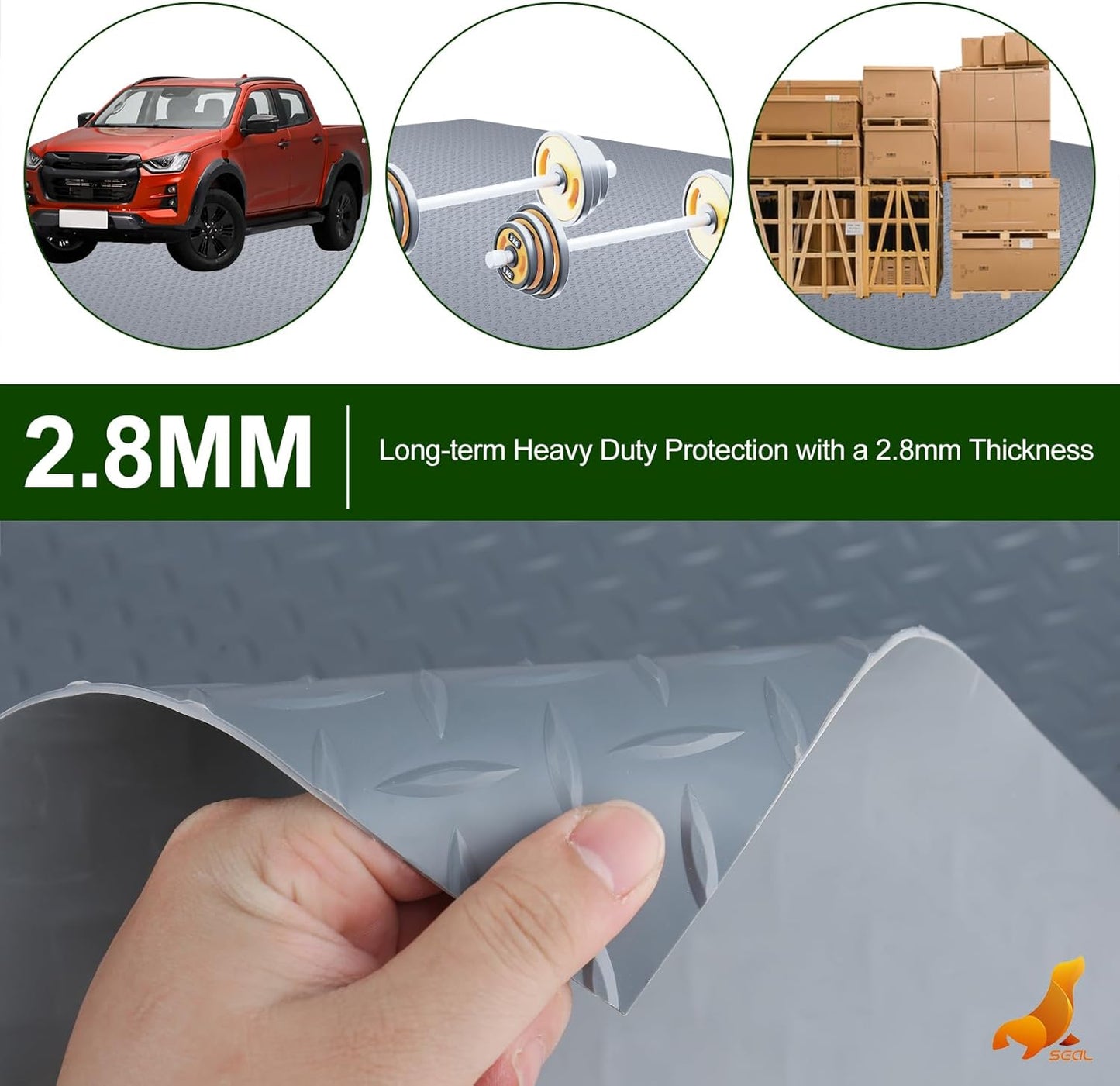 SEAL 5 x 10 Ft Premium Garage Floor Mat, Solid 2.8mm Thick Gray Commercial Grade Heavy Duty Parking Mat for Garage Floor, Golf Cart Parking, Water/Stain Resistant Floor Runner (Embossed Diamond Plate)