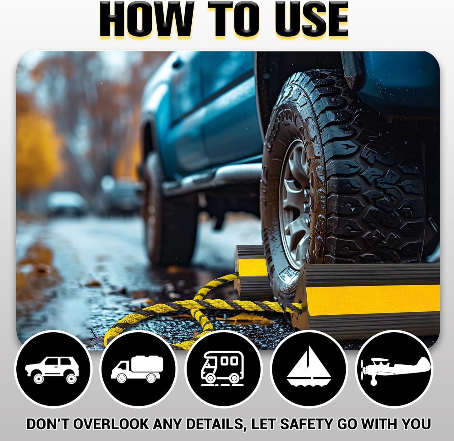 Heavy-Duty Wheel Chocks with Extra-Long Safety Rope (86") - 2-Pack Reflective Rubber Blocks for Trailers, Trucks, Campers & Garage Use (2pair/4pack with Rope)