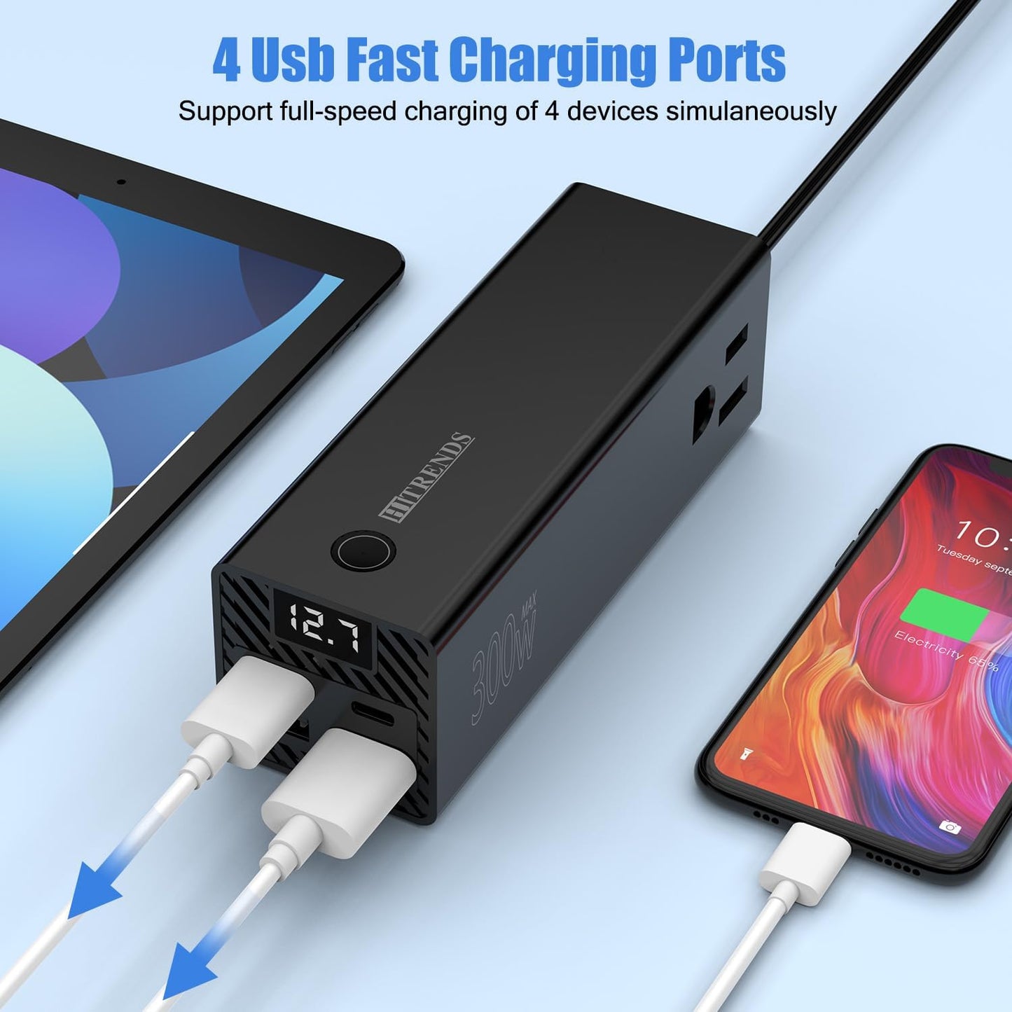 HITRENDS 300W Car Power Inverter, DC 12V to AC 110V with 2 USB Ports, 2 Type-C Ports, and 2 AC Outlets for Car, Home, and Travel Use (Black)