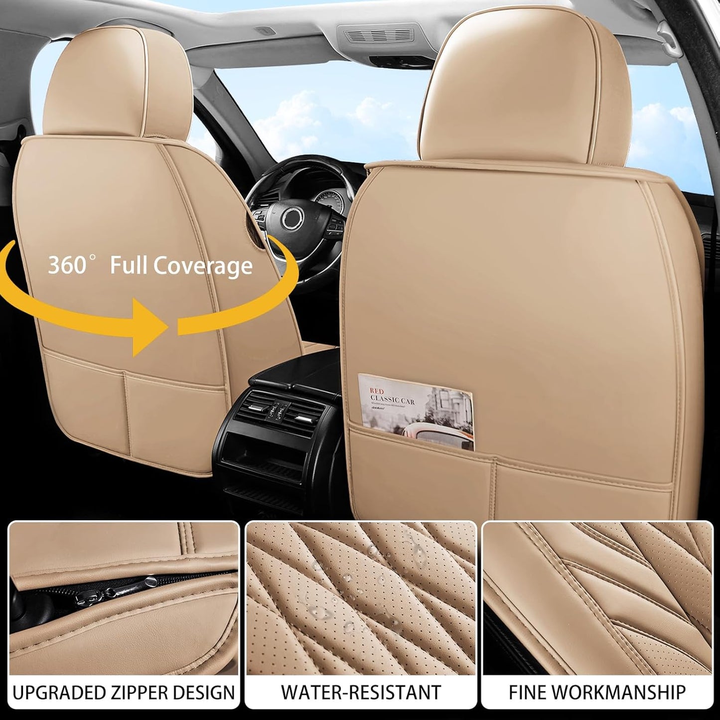 WELLDO Car Seat Covers Full Set, Leather Seat Covers for Cars, Car Seat Protector Waterproof, Non-Slip Car Interior Covers Full Set Universal Automotive Seat Covers for Most Cars SUVs, Beige