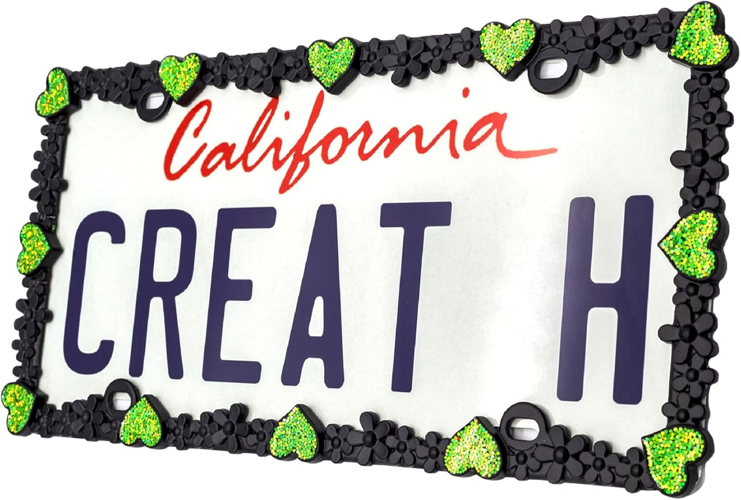Creathome 3D Shining Daisy Heart License Plate Frame from Pure Zinc Alloy Metal Perfect Plate Holder, Matt Black with Green Glitter, Luminously Heart