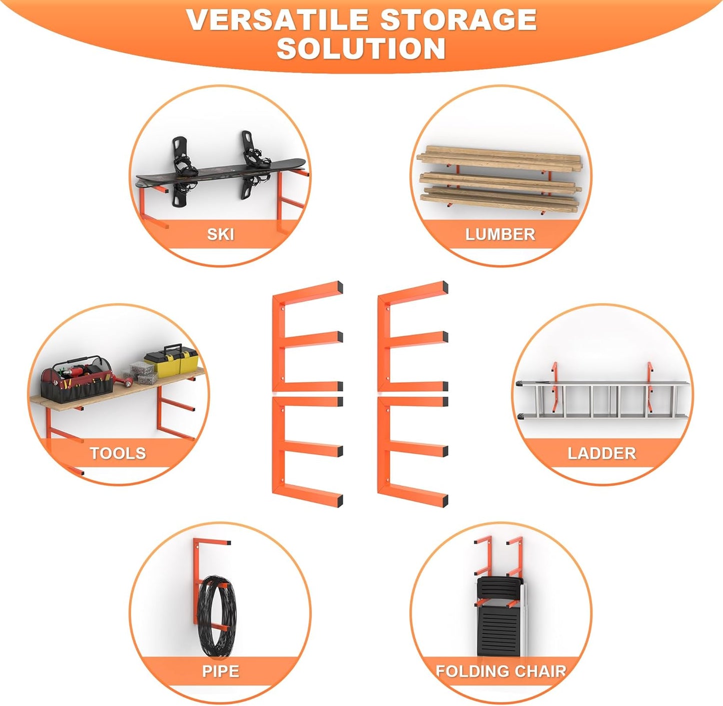 Ultrawall Lumber Storage Rack Wall Mount Wood Storage Racks, Metal Wood Organizer Racks for Shed, Workshop, Garage, Holds Up 220 LBS Per Level (Pack of 4, Orange)