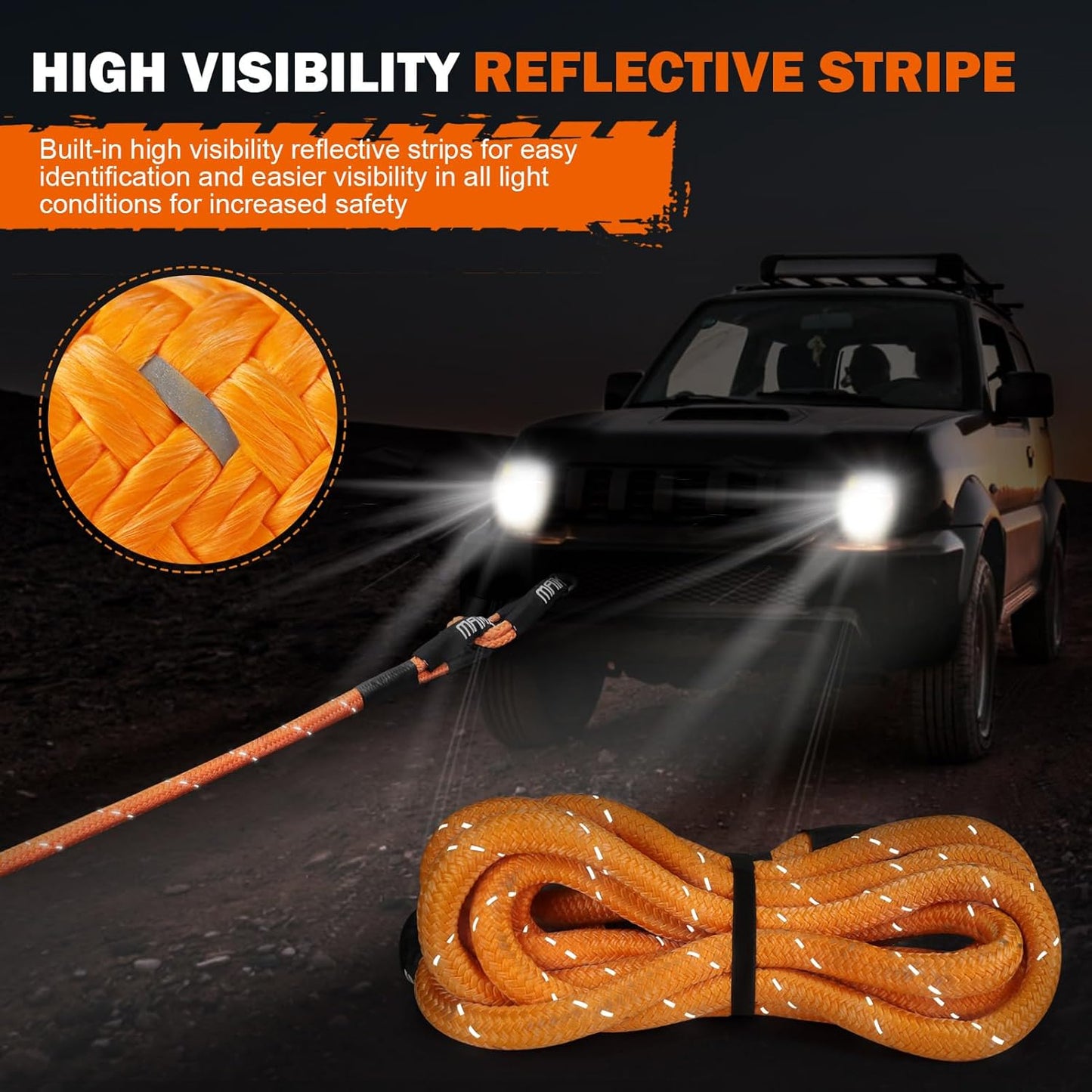MAIKEHIGH 1-1/8" x 30ft Kinetic Recovery Rope, 56,000LBS Heavy Duty Offroad Recovery Strap (Reflective), 30+% Elasticity Vehicle Tow Rope for Trucks 4WD Pickup Tractor Car SUV ATV UTV