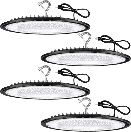 4 Pack 300W UFO Led High Bay Light Fixture,120VAC,5000K Daylight Commercial Shop Bay Lighting,45000LM,[1300W MH/HPS Equiv.] US Plug Area Lighting for Warehouse/Barn/Gym/Factory/Workshop/Garage