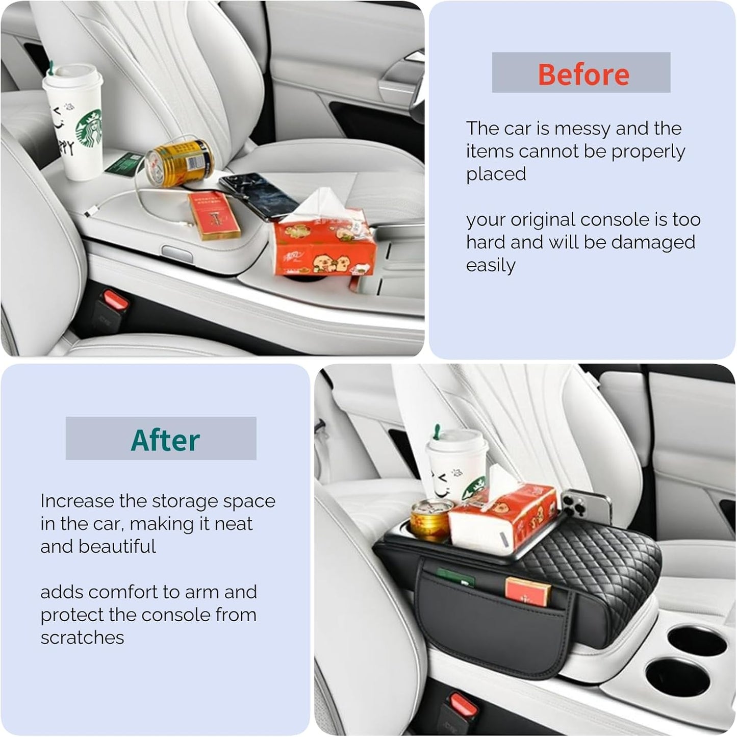 Upgrade Arm Rest Cover for Car, 5-in-1 Middle Console Cover Cushion Pad with Cup Holders & Side Pockets, Center Armrest Storage Box, Gray