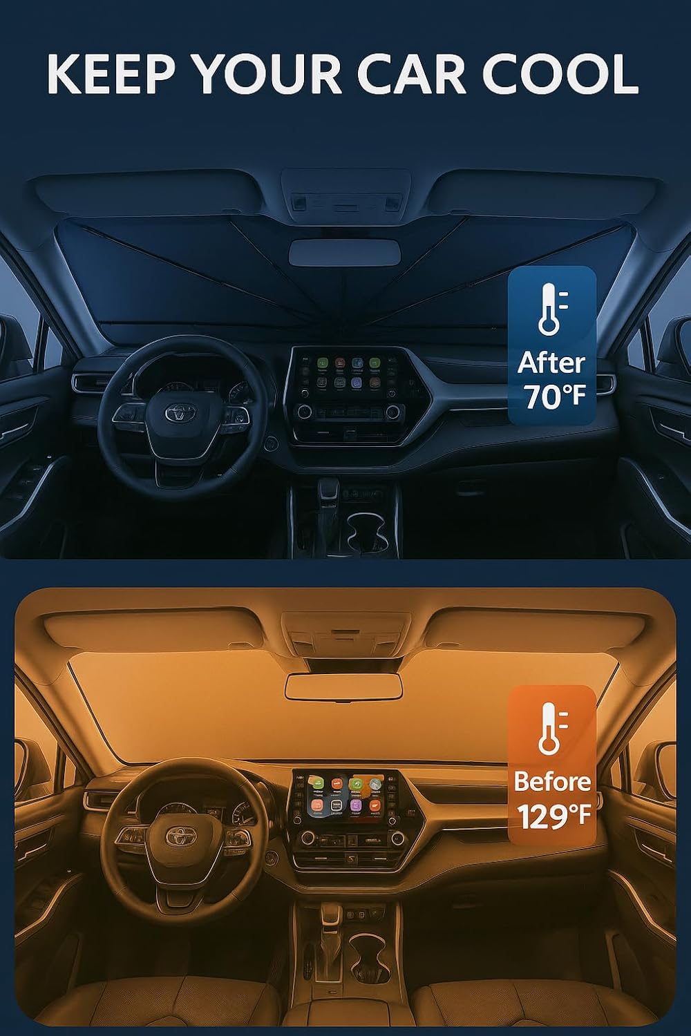 Proadsy Windshield Sun Shade Umbrella for Toyota Grand Highlander 2020-2026 Foldable Car Umbrella Sunshade with Soft TPU Handle Spring Structure Crystal Cooling Material Protect Car from Rays & Heat