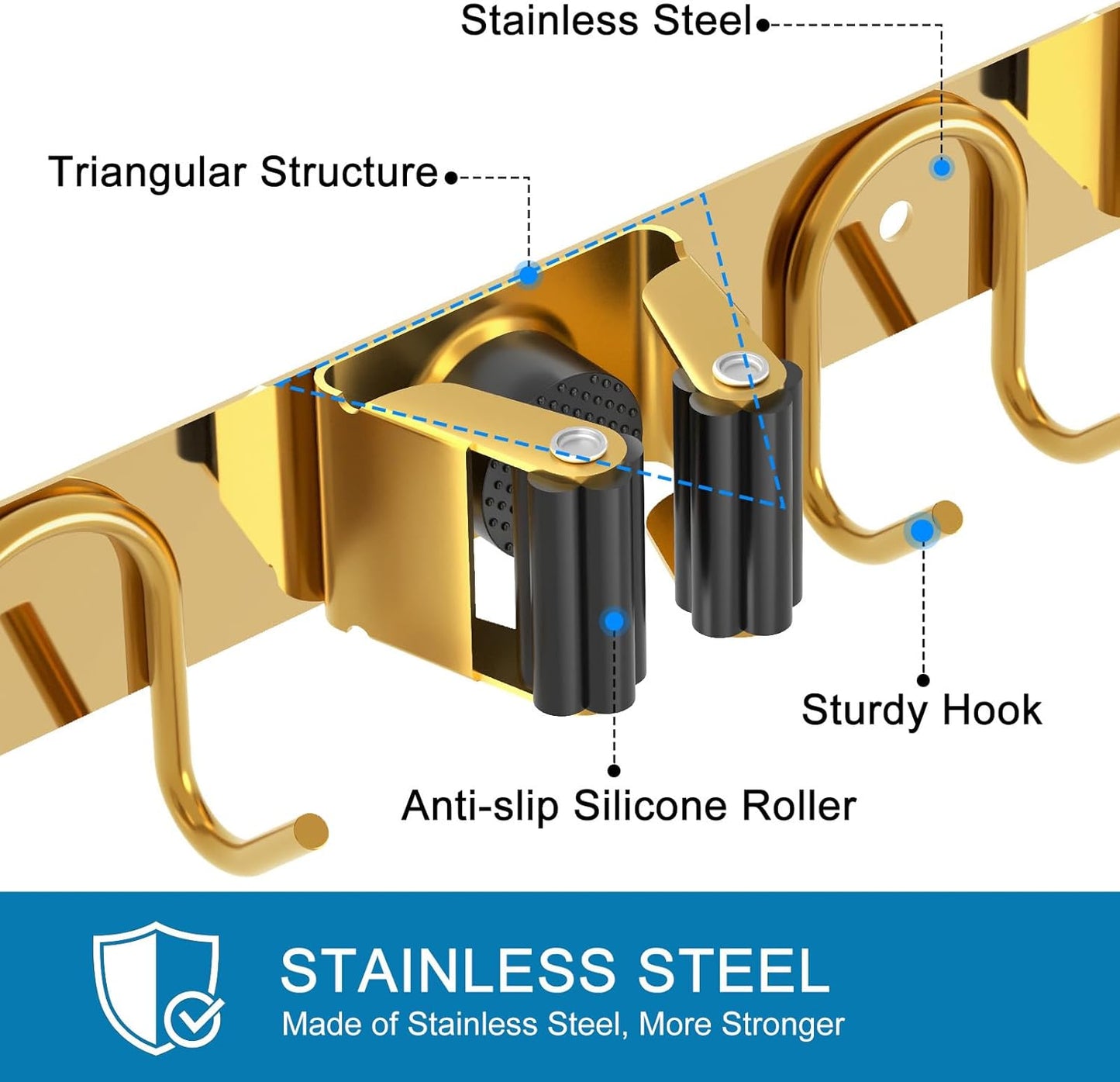 Mop Broom Holder Wall Mount, 2 Packs Gold Stainless Steel Tool Storage Organizer for Kitchen Garden Garage Laundry Room Bathroom and RV with 4 Slots 6 Hooks