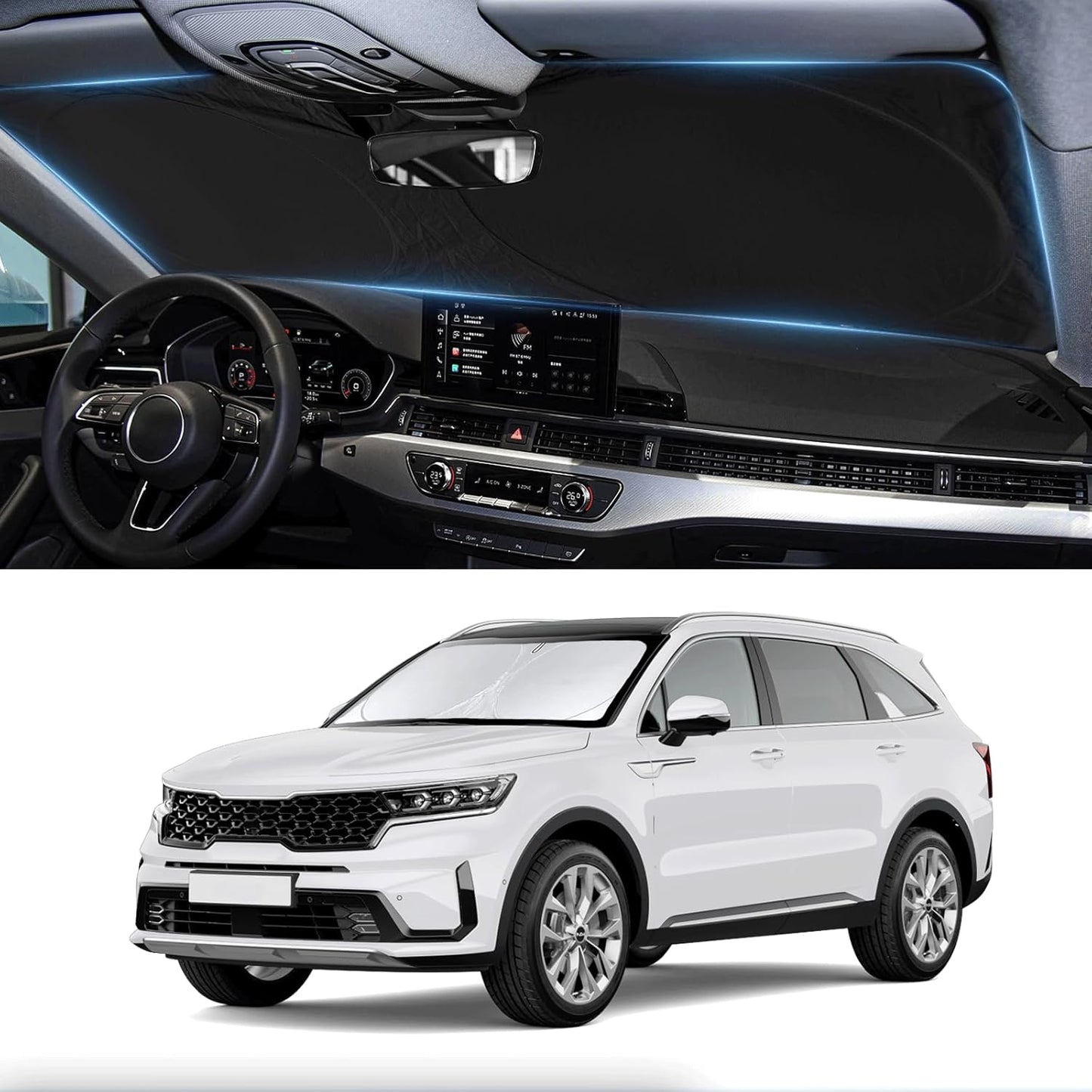 Custom Fit Sorento Windshield Sunshade for 2021-2024 2025 2026 KIA Sorento Front Window Shades Cover for Windshield Sun Visor Protector 210T Reflector Block Heat and Sun Protection Cooler Accessories
