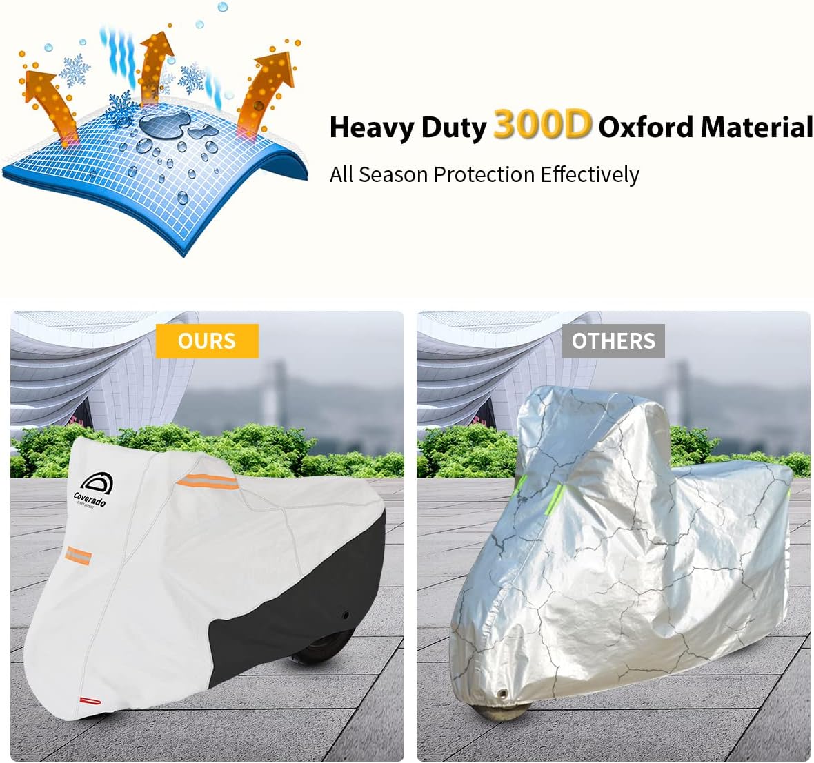 Coverado Motorcycle Cover Waterproof, All Weather Protection Outdoor Full Motorcycle Covers - UV Proof with Flame Retardant Fabric Fit for Harley Davidsion Yamaha Honda Suzuki (up to 111" Motors)