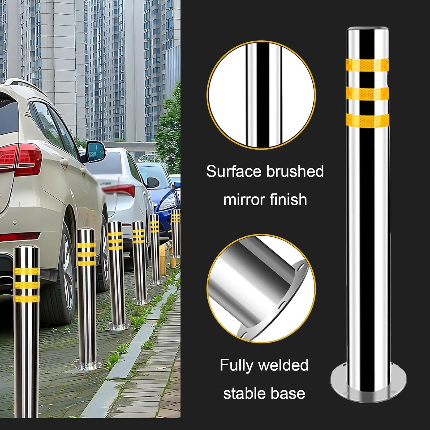 Stainless Steel Parking Bollards for Driveway, Industrial Safety Bollards Reflective Channelizer Post, Parking Barrier, Sturdy and Durable, Easy to Install, for Crowd Control(Silver (1pcs),7.6*60cm/3*