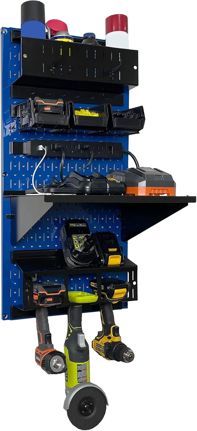 Wall Control Power Tool Storage Organizer Kit Cordless Drill Holder Charging Station Rack 16” x 32” Metal Pegboard Organization System (Blue Pegboard)