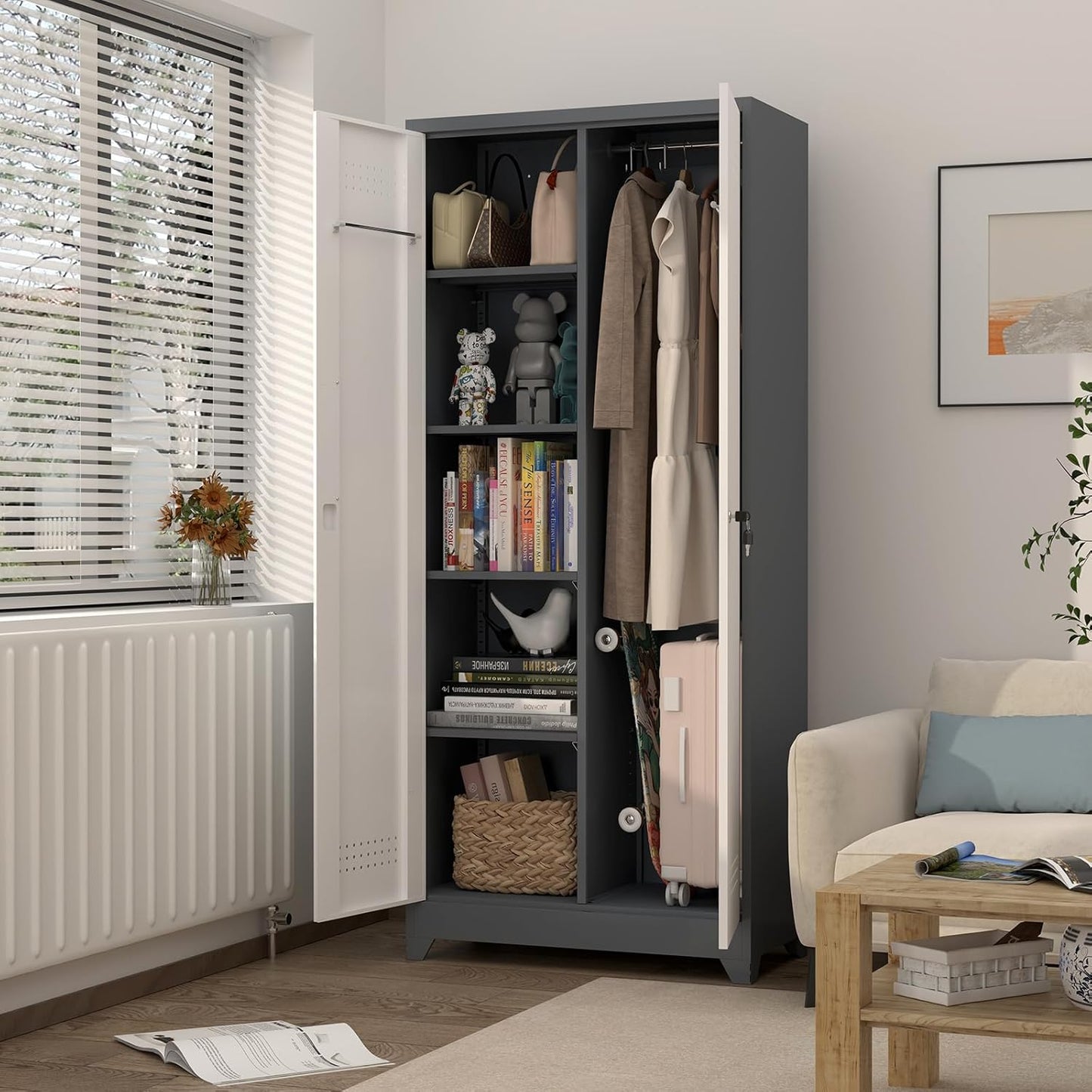 GREATMEET 72.8" H Metal Garage Storage Cabinets with Lock Door and Adjustable Shelves,Grey&White Broom Closet Storage Cabinet for Cleaning Supplies, Utility Closet for Garage, Bathroom,Kitchen,Home