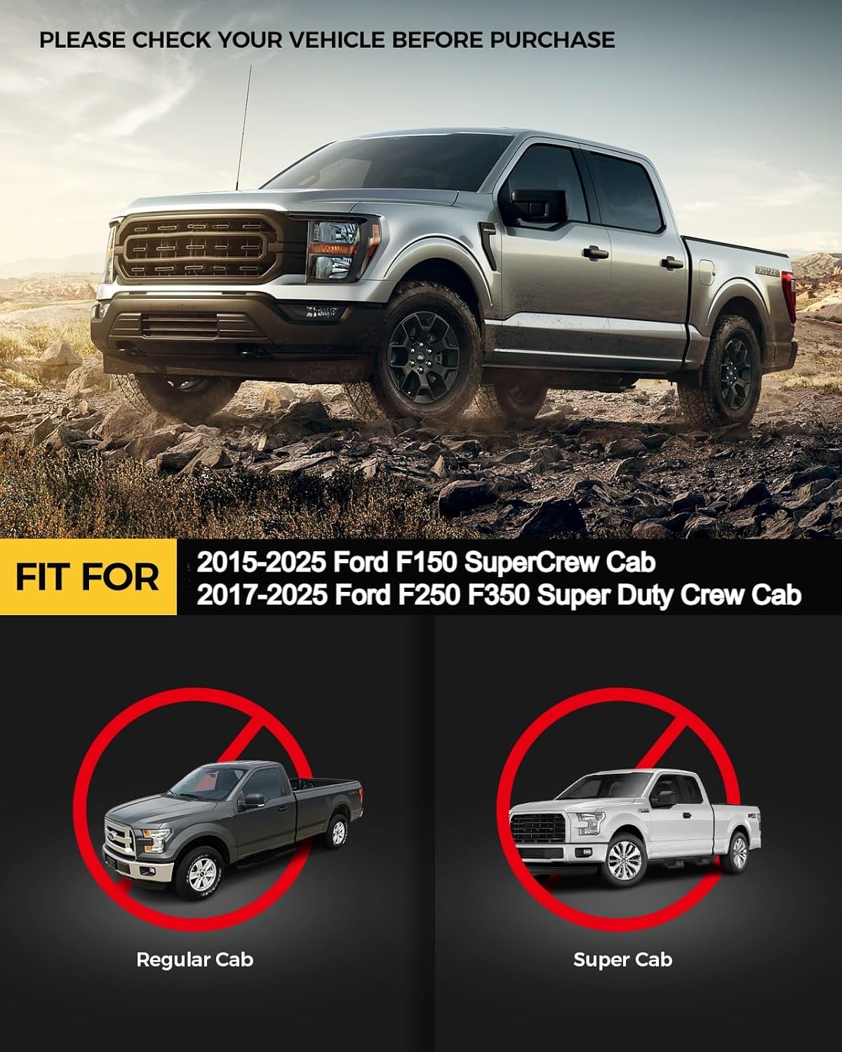 KYX Running Boards for 2015-2025 Ford F150 SuperCrew Cab/ 2017-2025 Ford F250 F350 SuperDuty Crew Cab, 6 inches Side Steps Nerf Bars Truck Step Rails