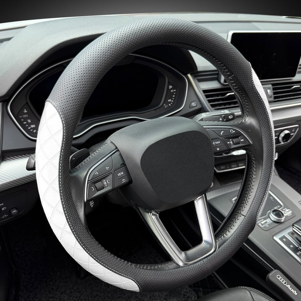 LKWLIKEI Nappa Leather Steering Wheel Cover, Elegant Diamond Checkered Design, Non-Slip wear-Resistant, Enhance Driving Comfort, Suitable for Steering Wheel Diameter 14 1/2‘-15’ Models.Black White